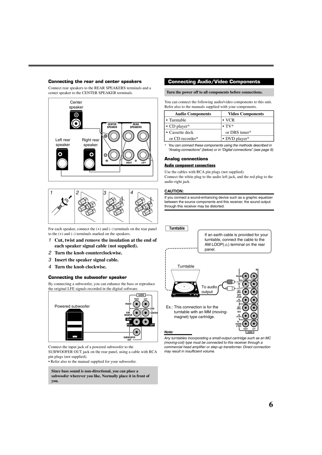 JVC RX-7022VSL manual Connecting Audio/Video Components, Connecting the rear and center speakers 