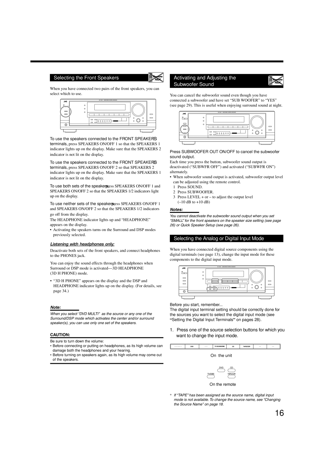 JVC RX-7032VSL manual Selecting the Analog or Digital Input Mode, To use the speakers connected to the Front Speakers 