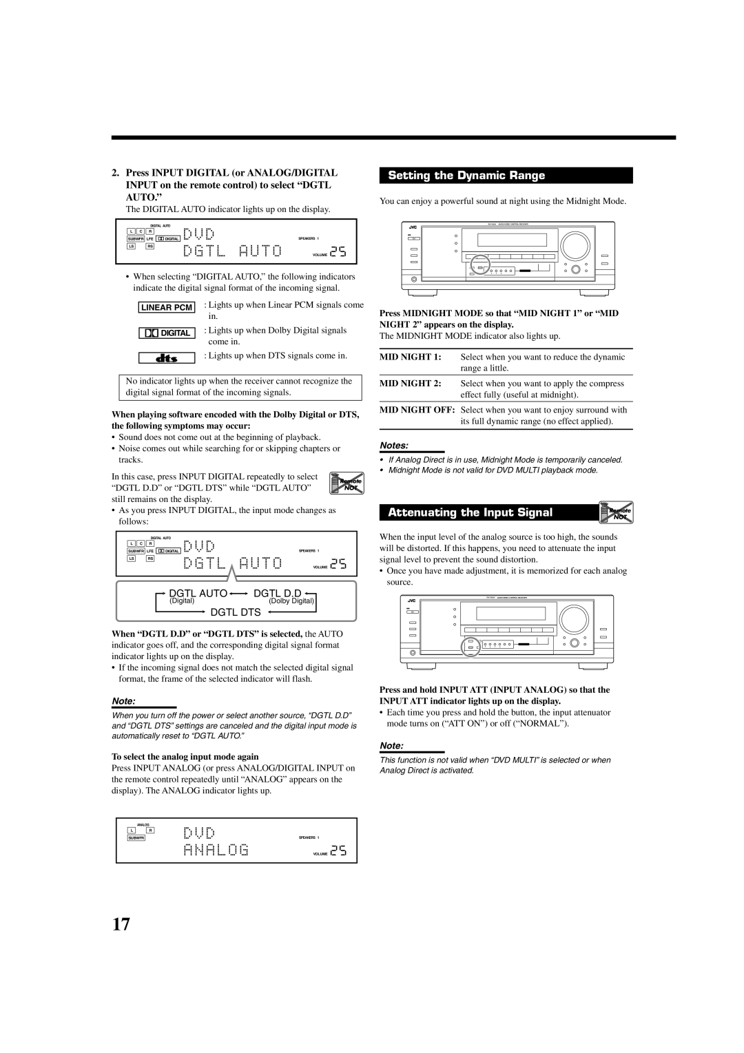 JVC RX-7032VSL manual Setting the Dynamic Range, To select the analog input mode again 