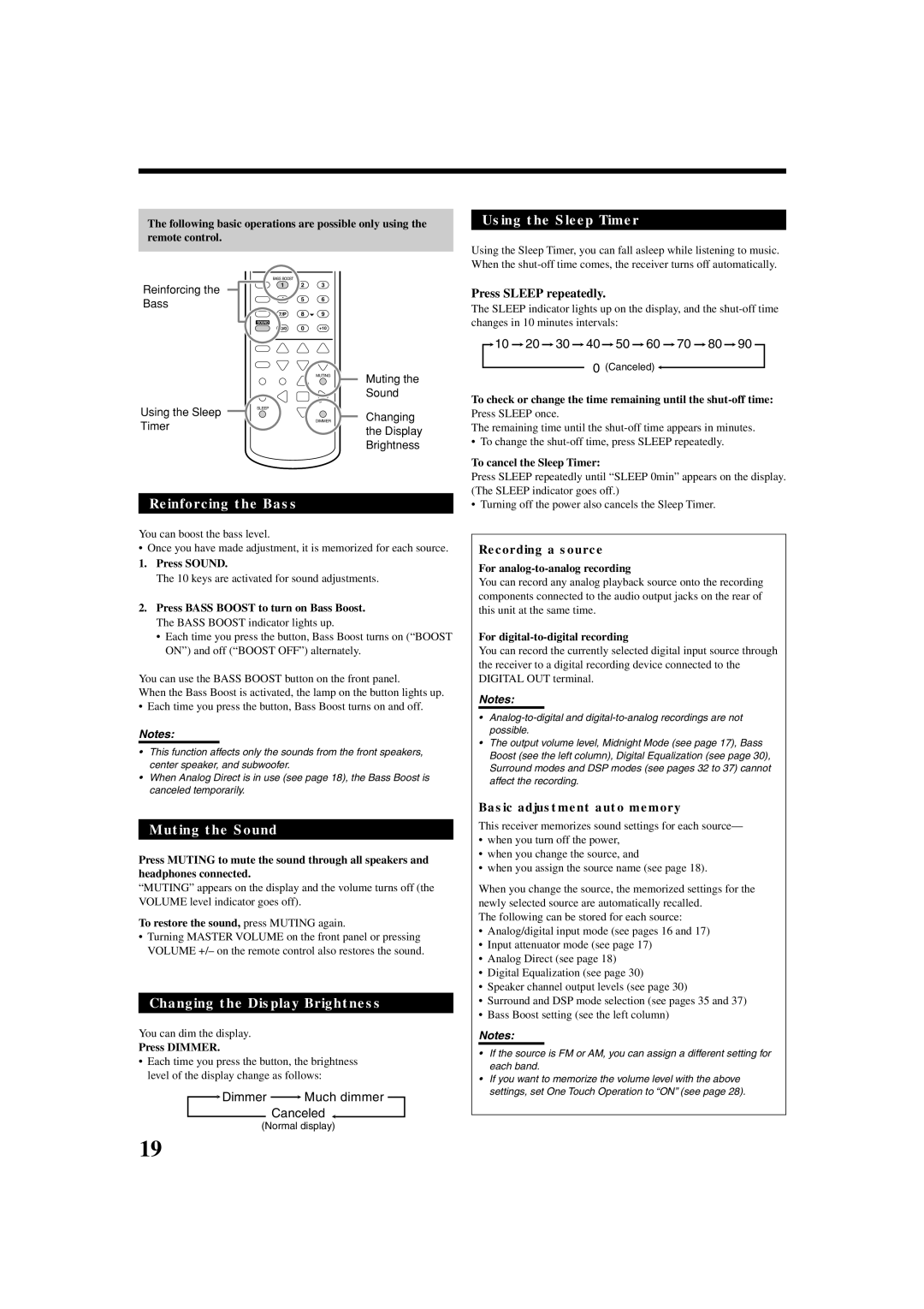 JVC RX-7032VSL manual Reinforcing the Bass, Muting the Sound, Changing the Display Brightness, Using the Sleep Timer 