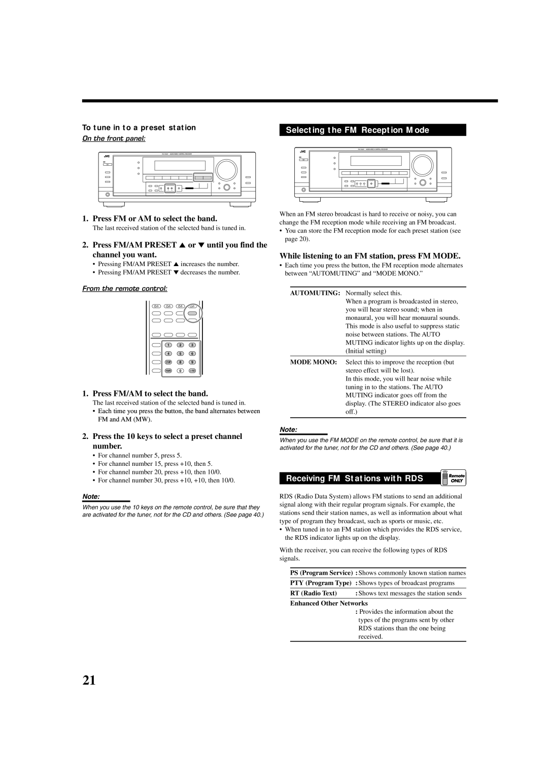 JVC RX-7032VSL manual Press FM/AM to select the band, Press the 10 keys to select a preset channel number 