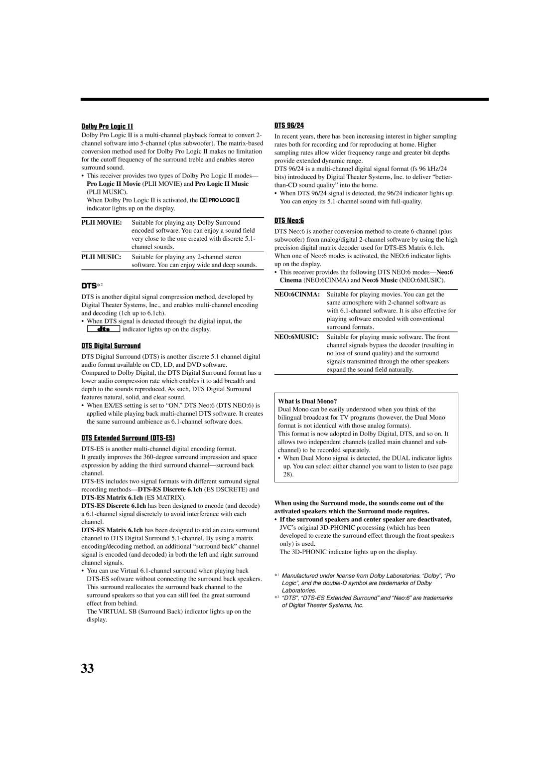 JVC RX-7032VSL manual DTS Digital Surround, DTS Extended Surround DTS-ES, DTS 96/24, DTS Neo6, What is Dual Mono? 