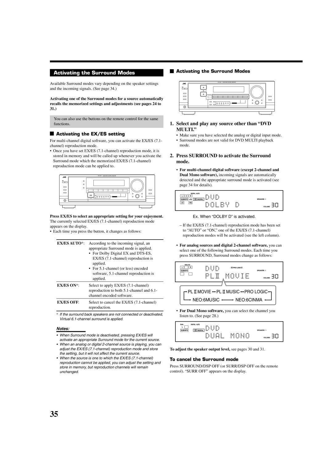 JVC RX-7032VSL manual Activating the Surround Modes, Select and play any source other than DVD Multi 