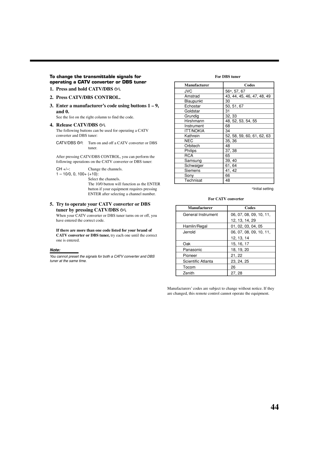 JVC RX-7032VSL manual Release CATV/DBS, For DBS tuner, Manufacturer Codes, For Catv converter 