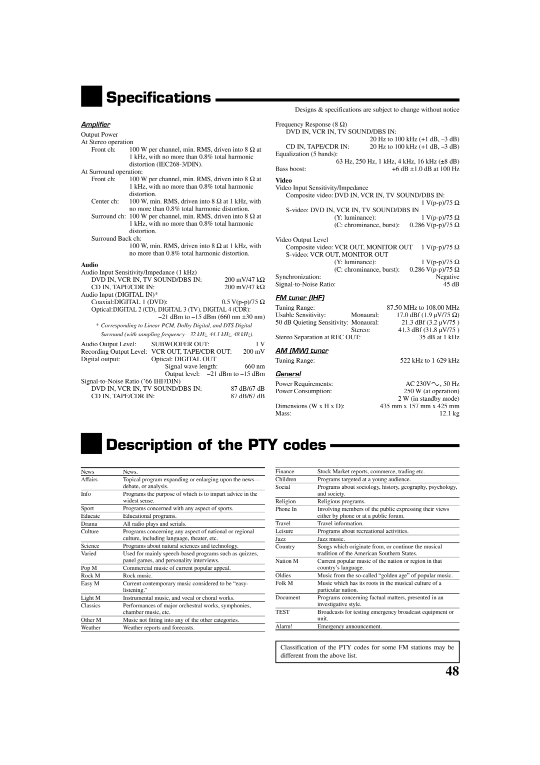 JVC RX-7032VSL manual Specifications, Description of the PTY codes, Audio, Video 