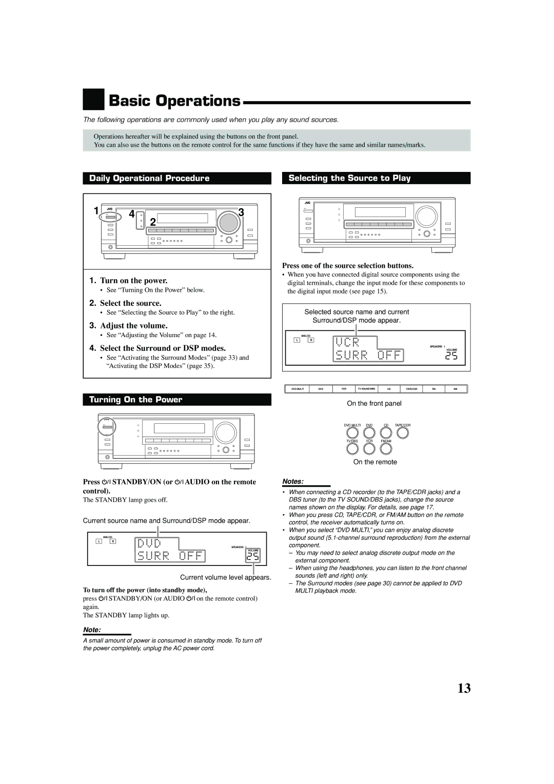 JVC RX-7042S, RX-7040B Basic Operations, Daily Operational Procedure Selecting the Source to Play, Turning On the Power 