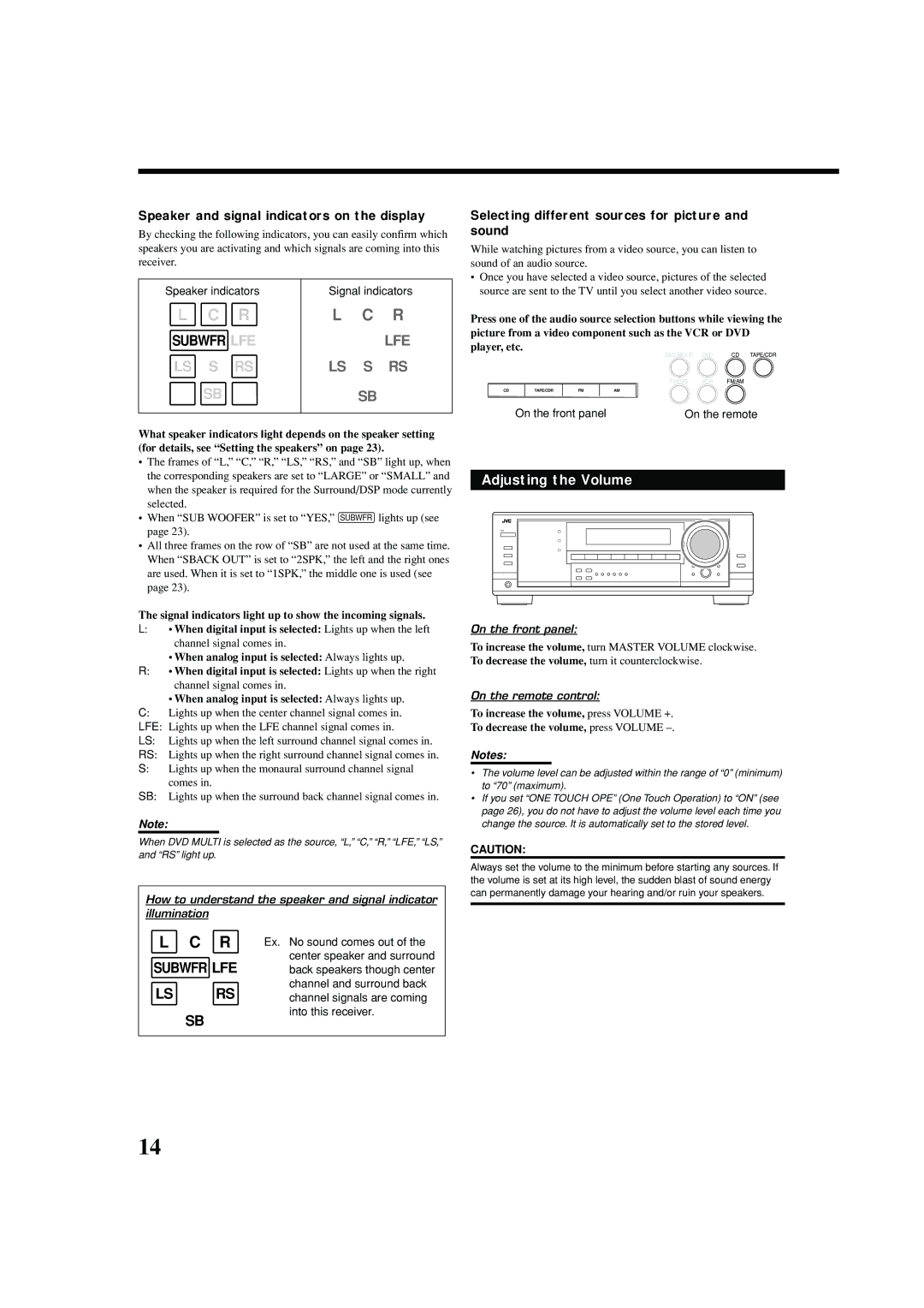JVC RX-7040B, RX-7042S manual Adjusting the Volume, Speaker and signal indicators on the display 