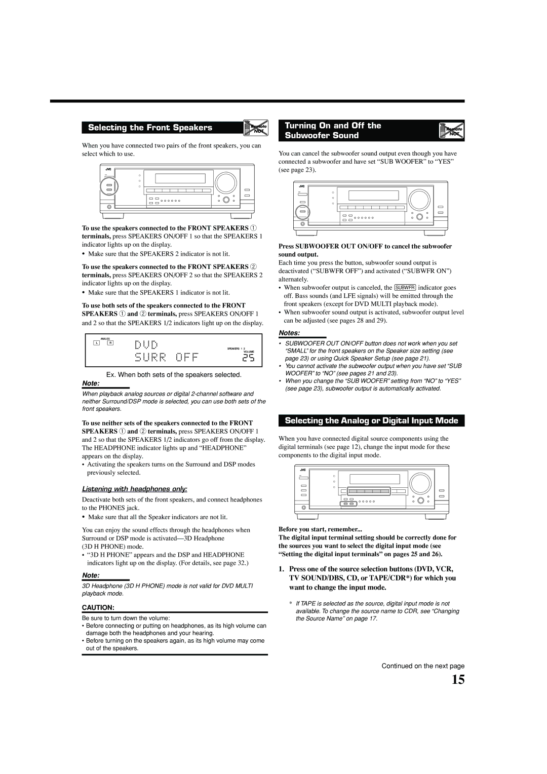 JVC RX-7042S Selecting the Analog or Digital Input Mode, To use the speakers connected to the Front Speakers, On the next 