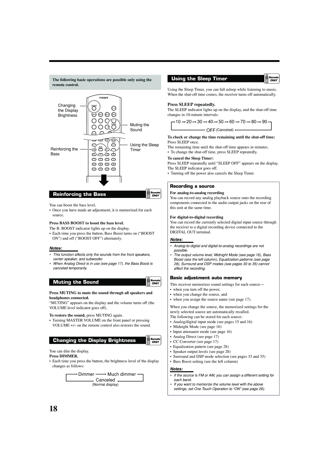 JVC RX-7040B, RX-7042S manual Using the Sleep Timer, Reinforcing the Bass, Muting the Sound, Changing the Display Brightness 