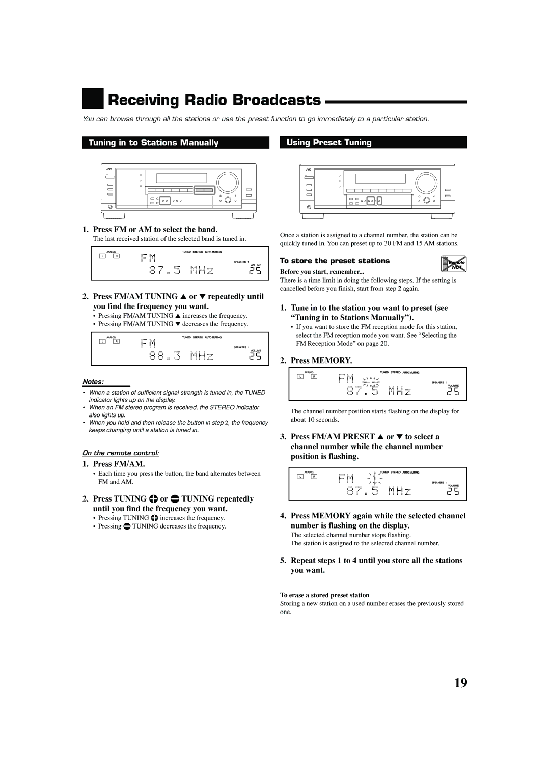 JVC RX-7042S, RX-7040B manual Receiving Radio Broadcasts, Tuning in to Stations Manually, Using Preset Tuning 