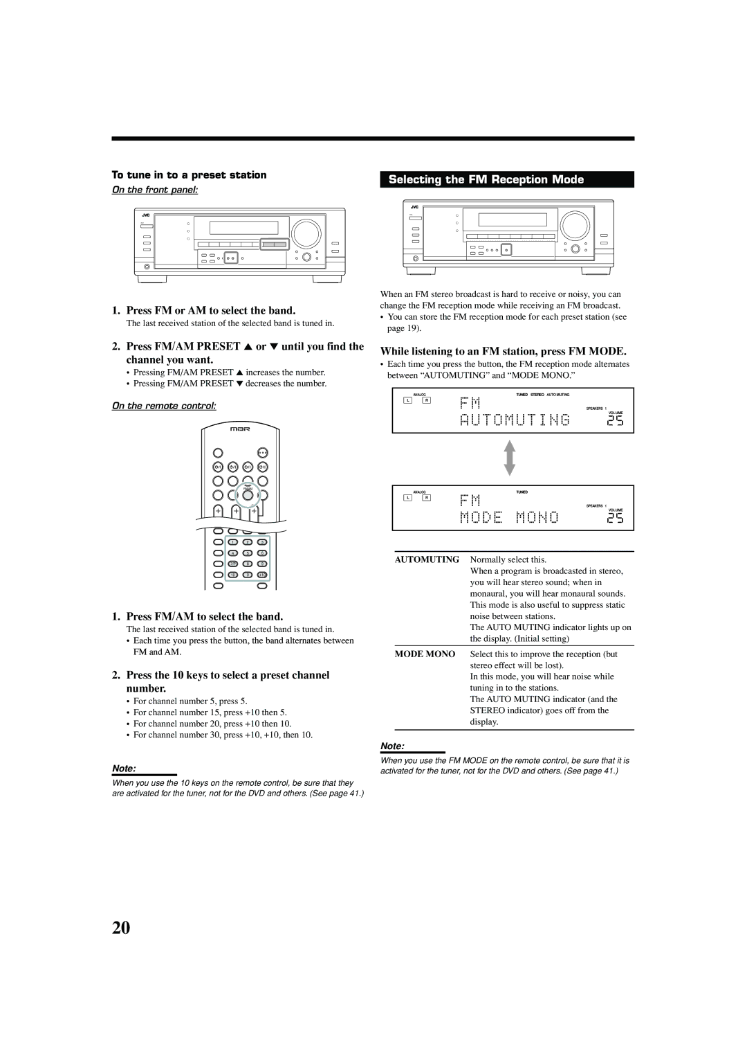 JVC RX-7040B, RX-7042S Selecting the FM Reception Mode, Press FM/AM to select the band, To tune in to a preset station 