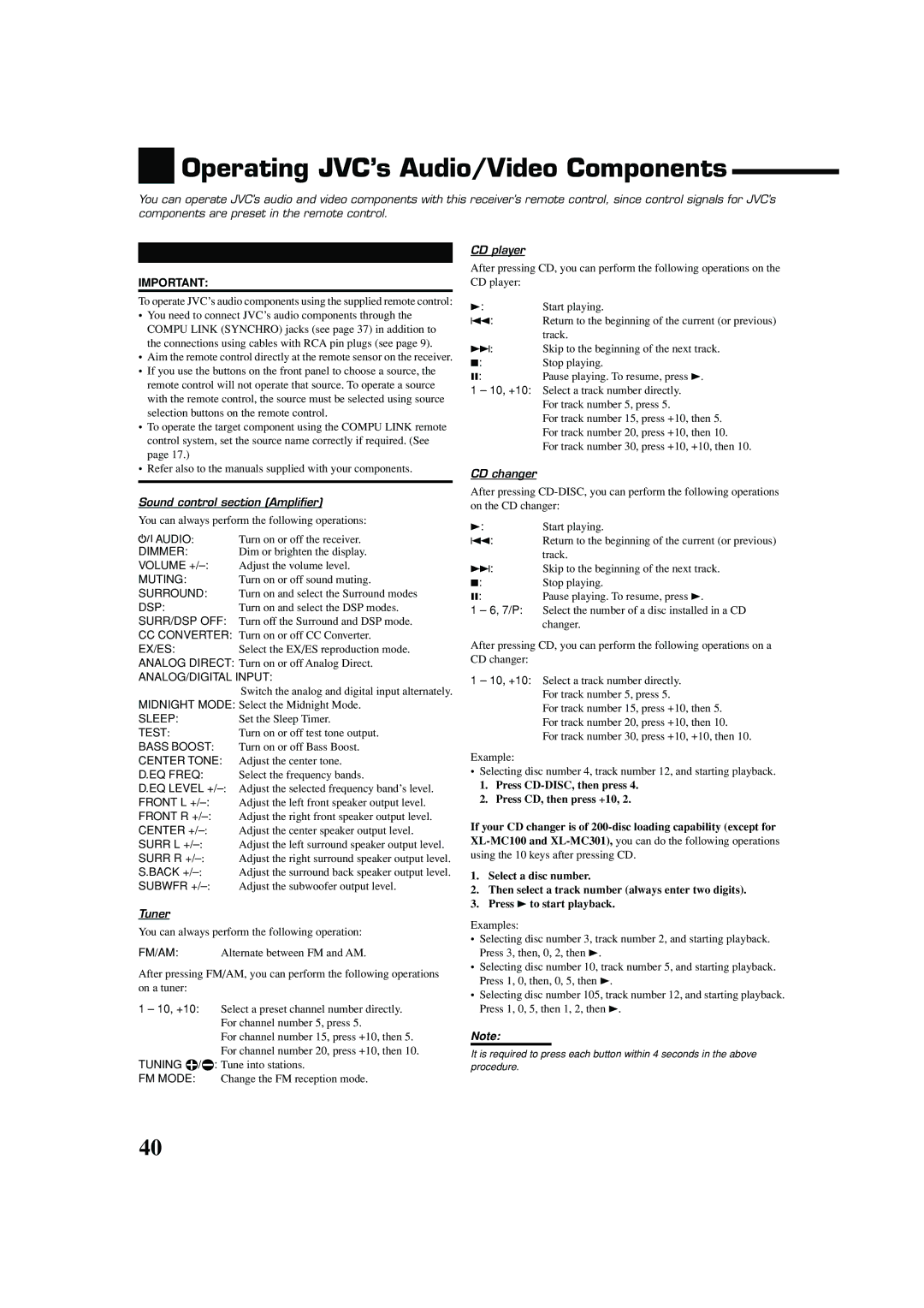 JVC RX-7040B manual Operating JVC’s Audio/Video Components, Sound control section Amplifier, Tuner, CD player, CD changer 