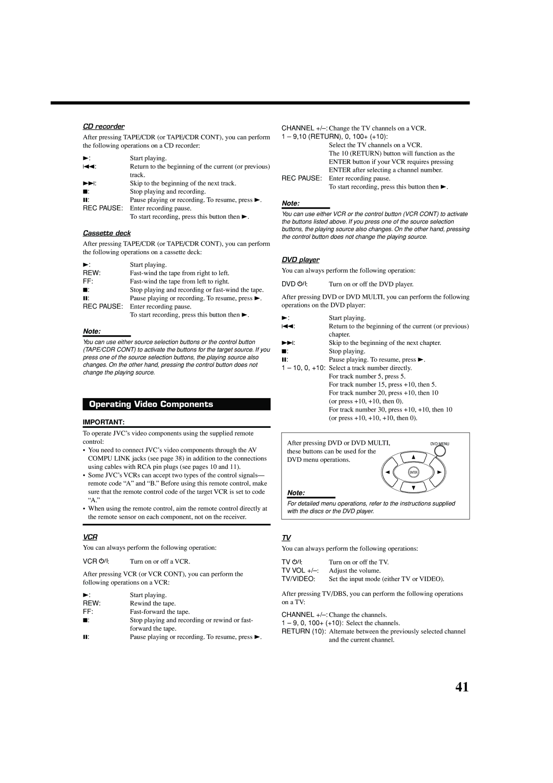 JVC RX-7042S, RX-7040B manual Operating Video Components, CD recorder, Cassette deck, DVD player 