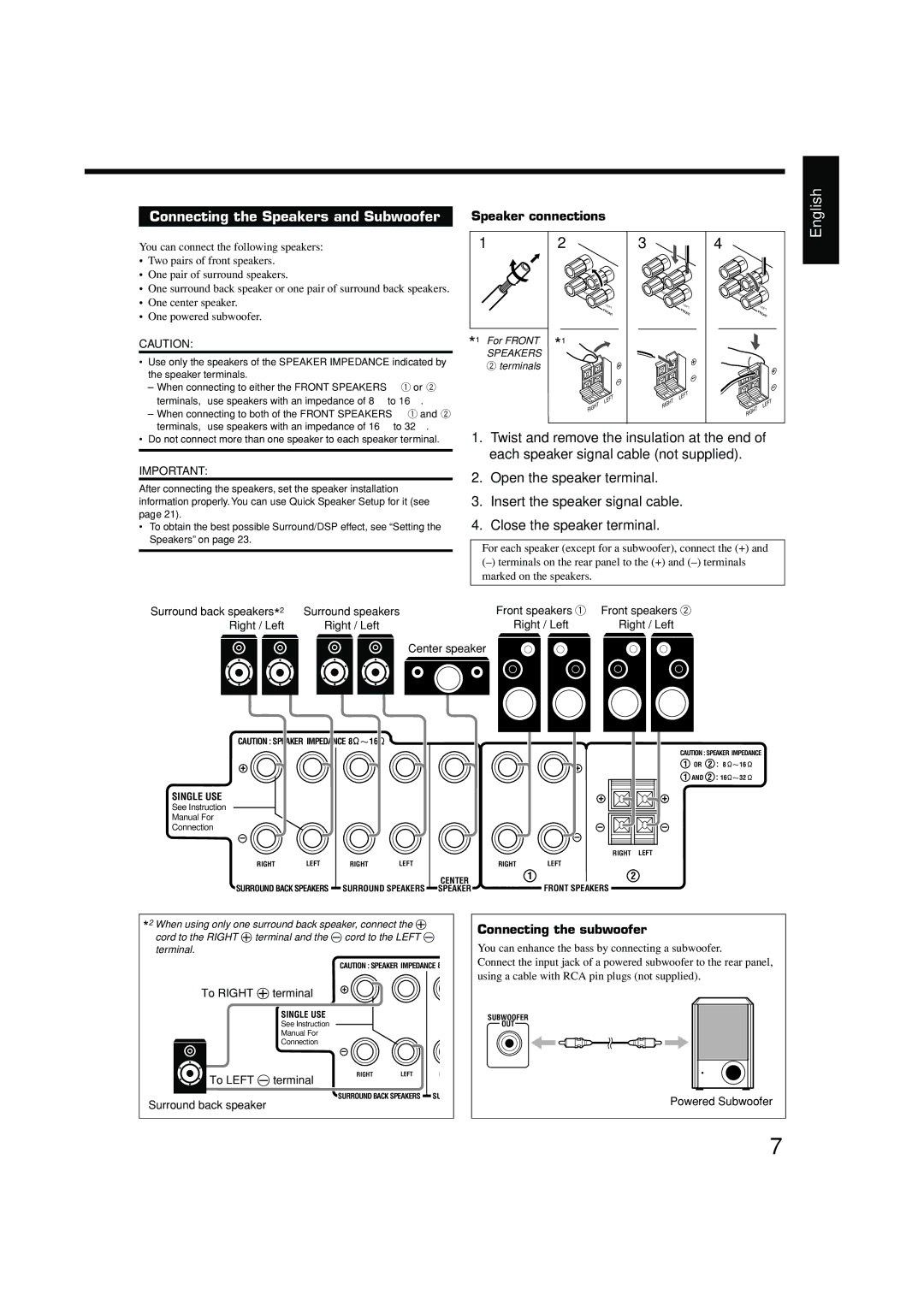 JVC RX-7040B, RX-7042S manual Connecting the Speakers and Subwoofer 