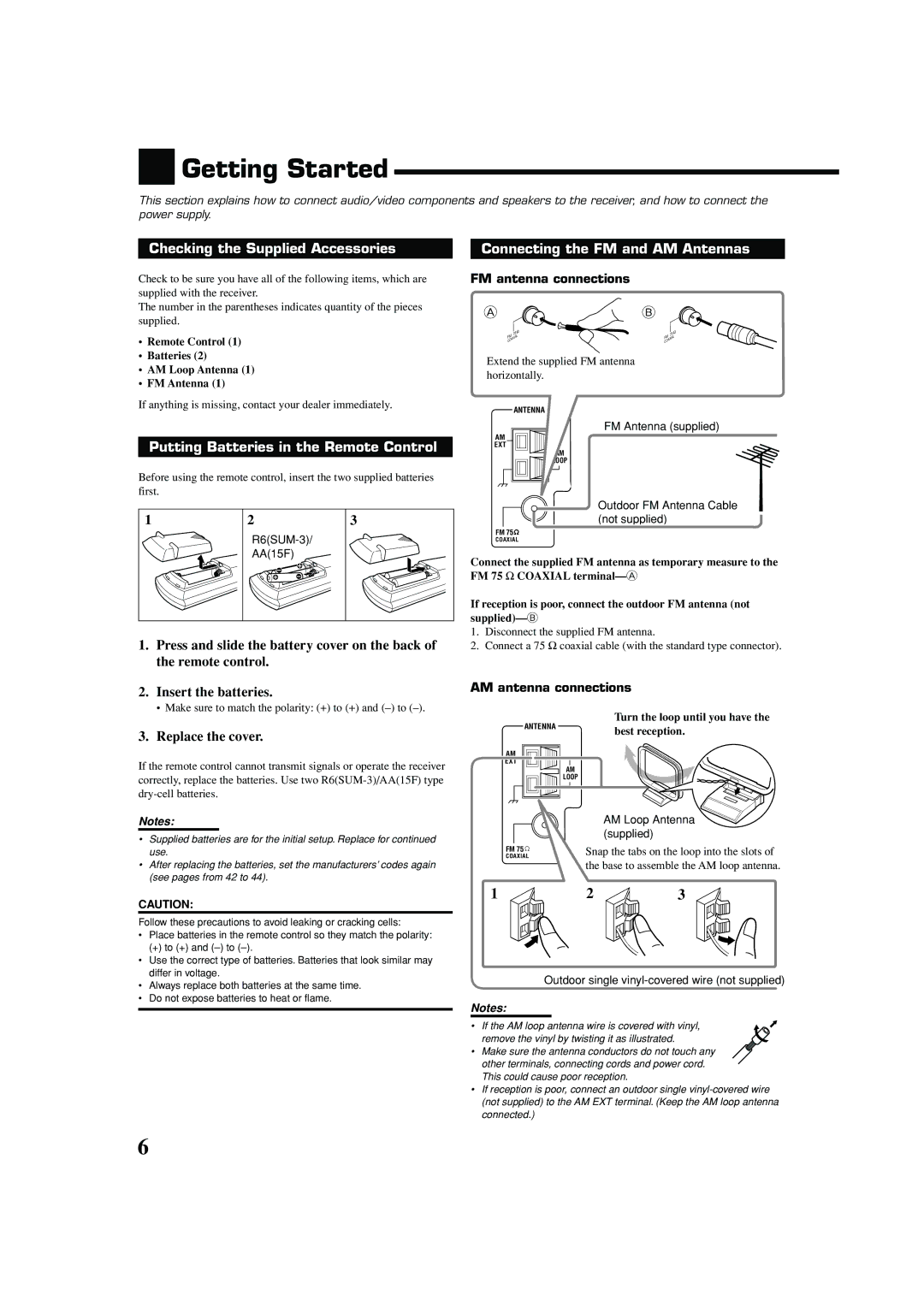 JVC RX-7040B, RX-7042S Getting Started, Putting Batteries in the Remote Control, Replace the cover, FM antenna connections 