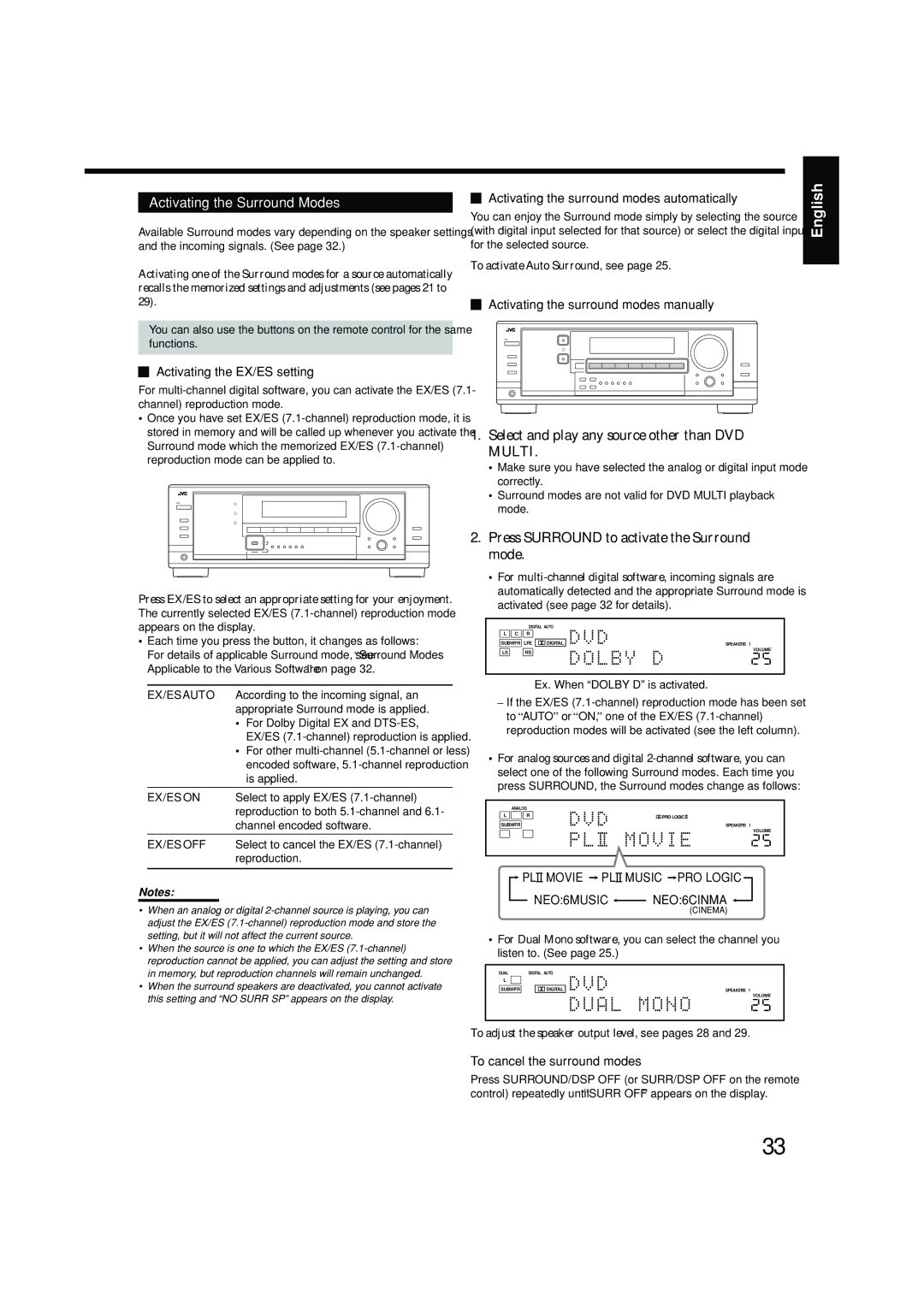 JVC RX-7040B, RX-7042S manual Activating the Surround Modes 