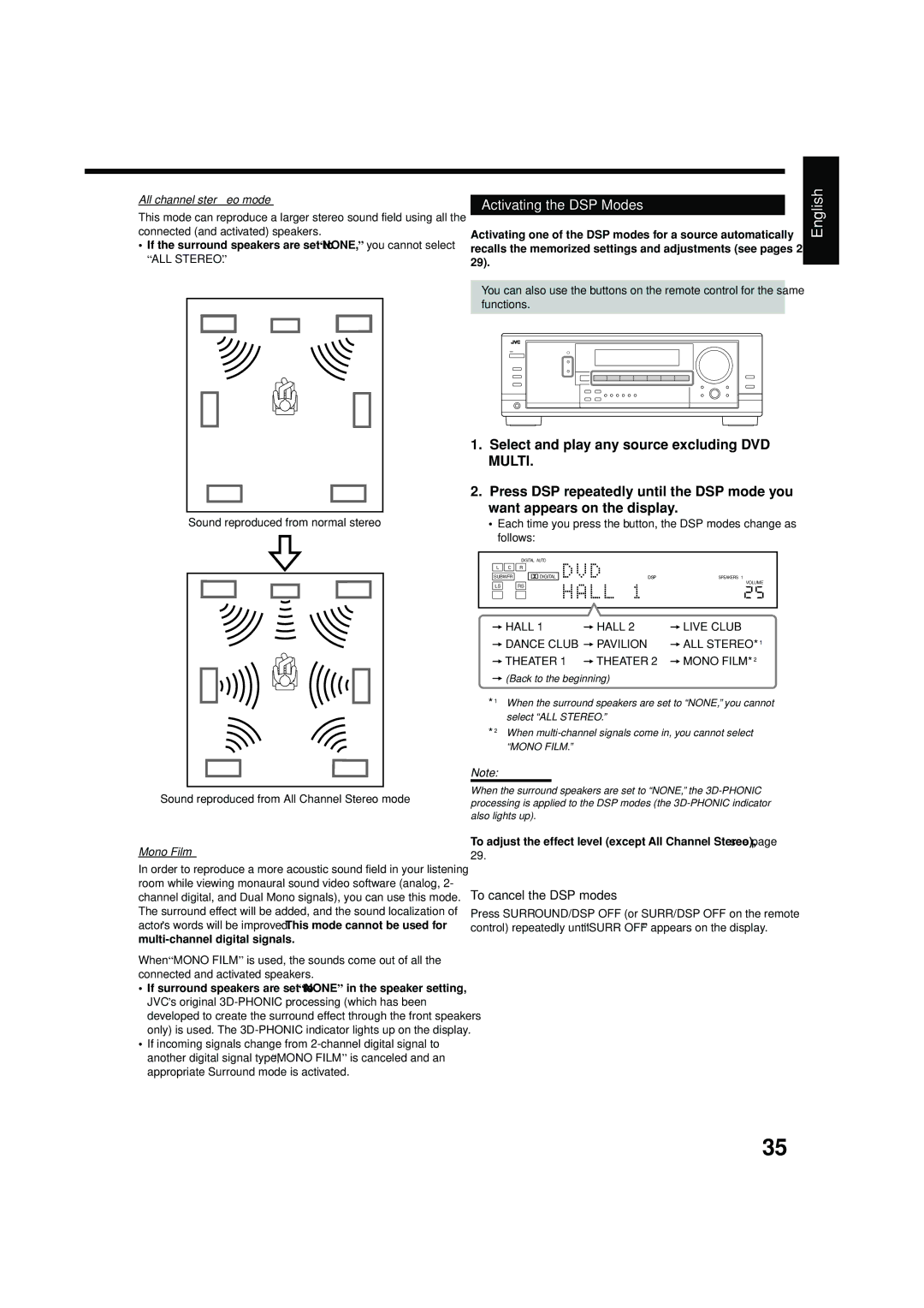 JVC RX-7040B, RX-7042S manual Activating the DSP Modes 