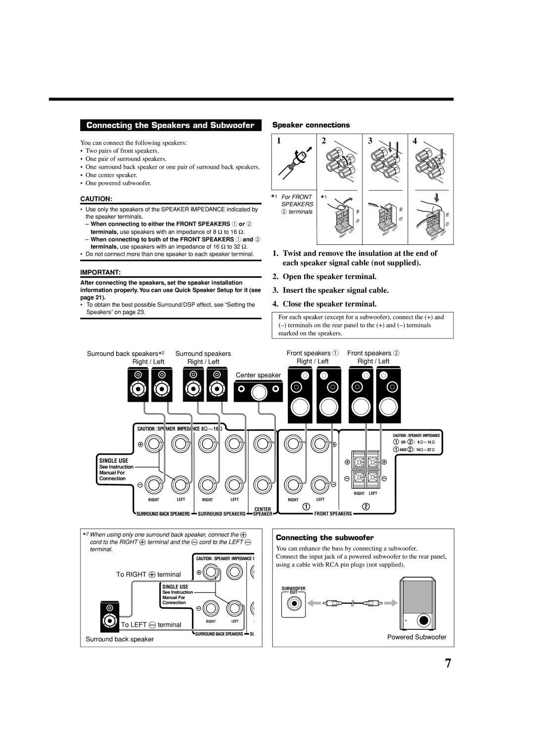 JVC RX-7042S, RX-7040B manual Connecting the Speakers and Subwoofer, Speaker connections, Connecting the subwoofer 