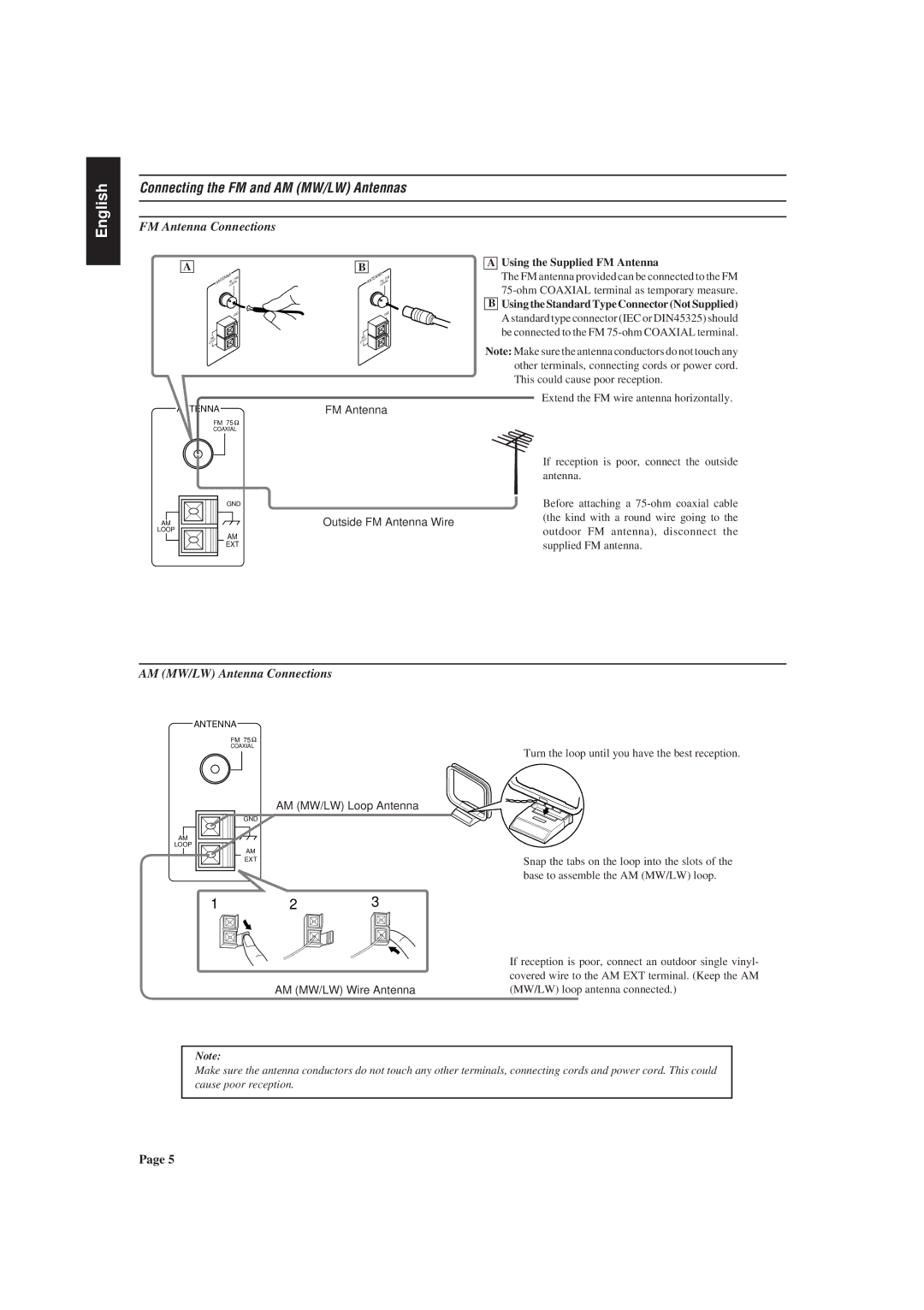 JVC RX-730R manual Connecting the FM and AM MW/LW Antennas, FM Antenna Connections, AM MW/LW Antenna Connections 