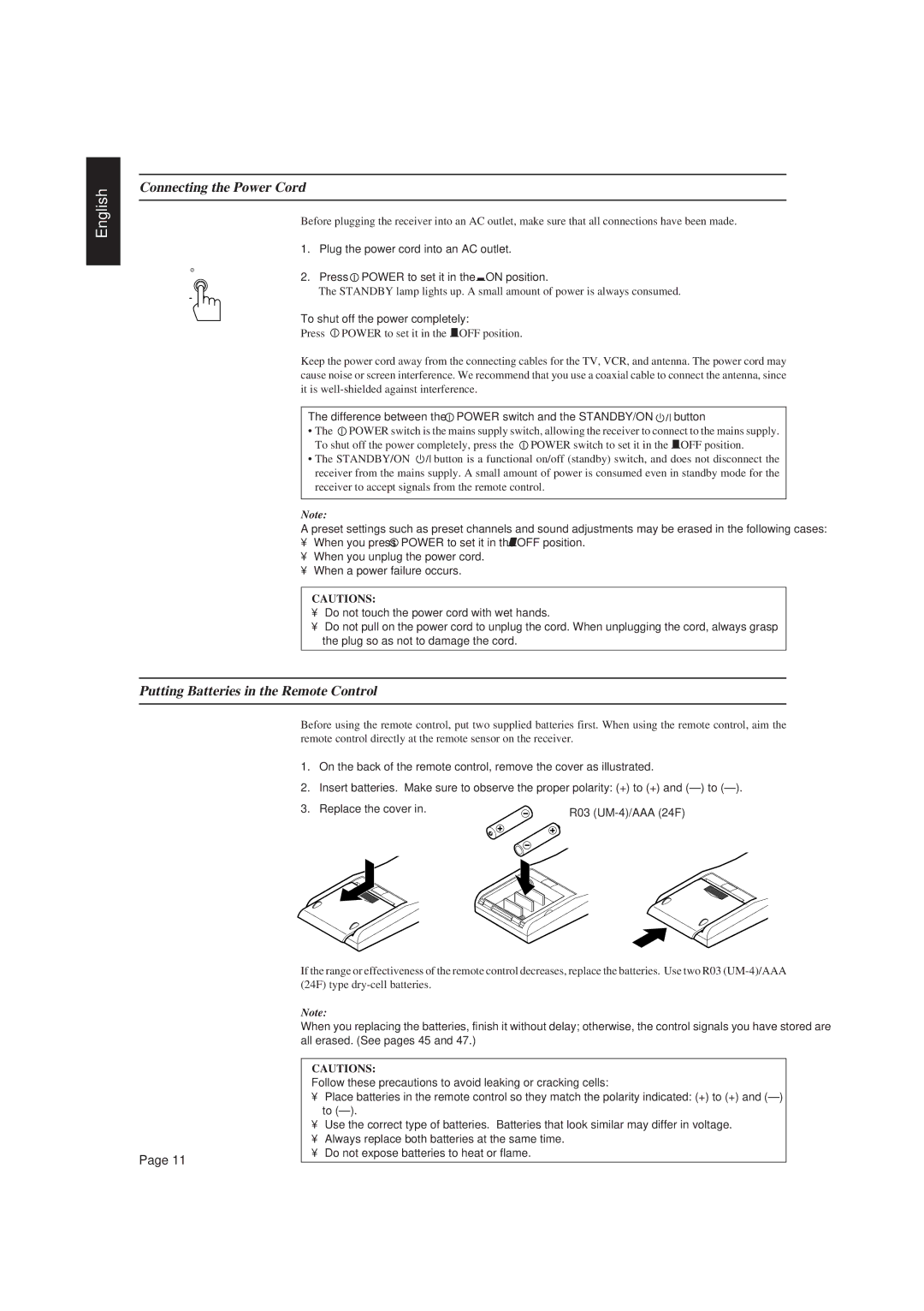 JVC RX-730R Connecting the Power Cord, Putting Batteries in the Remote Control, Plug the power cord into an AC outlet 