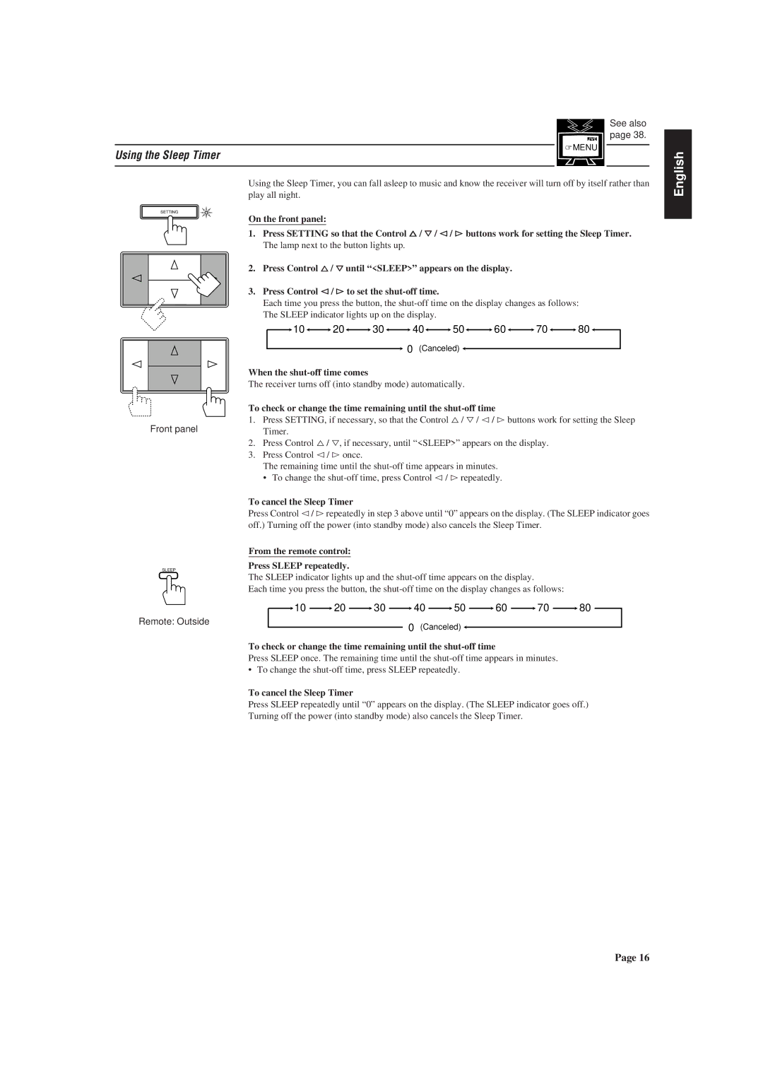 JVC RX-730R manual Using the Sleep Timer, To cancel the Sleep Timer, From the remote control Press Sleep repeatedly 