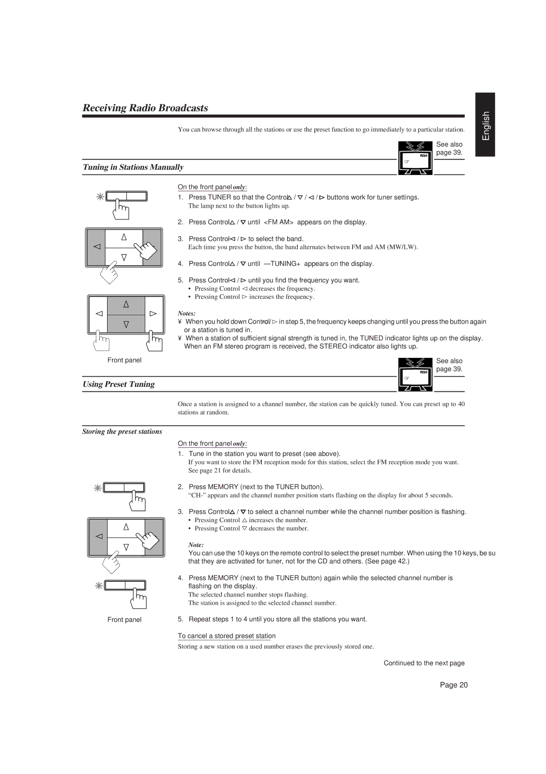 JVC RX-730R Receiving Radio Broadcasts, Tuning in Stations Manually, Using Preset Tuning, Storing the preset stations 