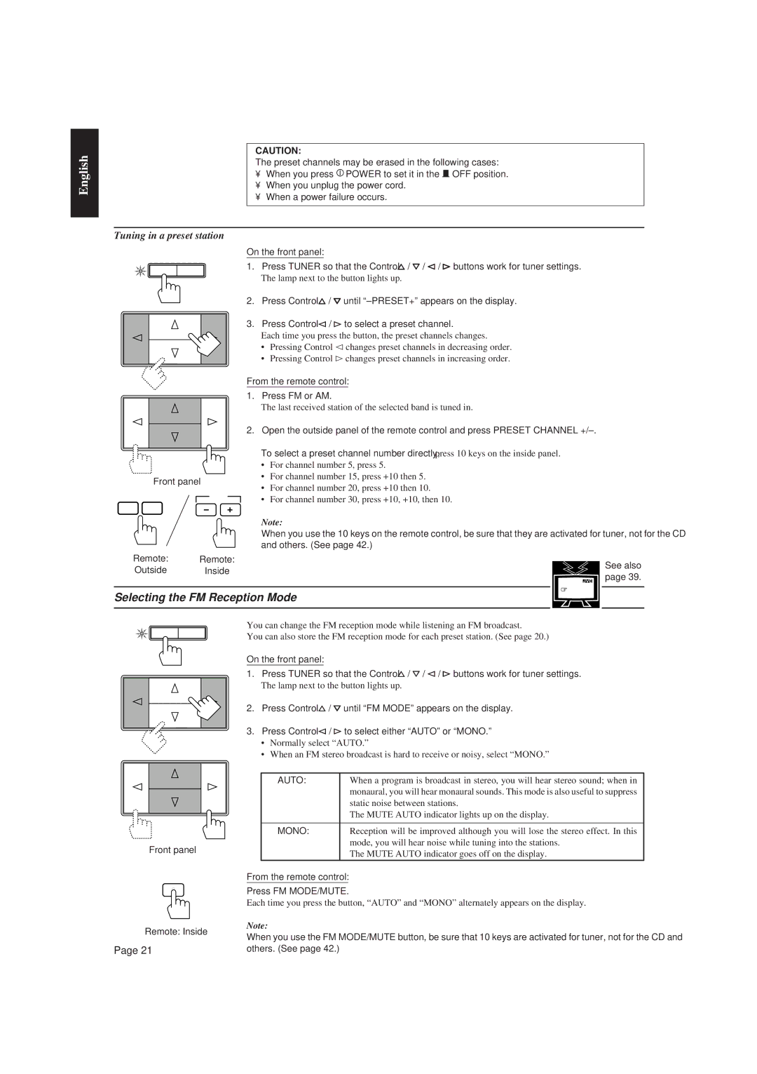 JVC RX-730R manual Selecting the FM Reception Mode, Tuning in a preset station, Auto, Mono 