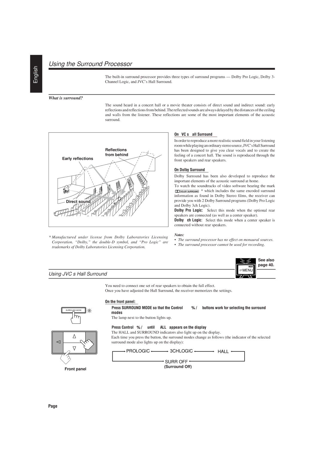 JVC RX-730R Using the Surround Processor, Using JVC’s Hall Surround, What is surround?, Prologic 3CHLOGIC Hall Surr OFF 