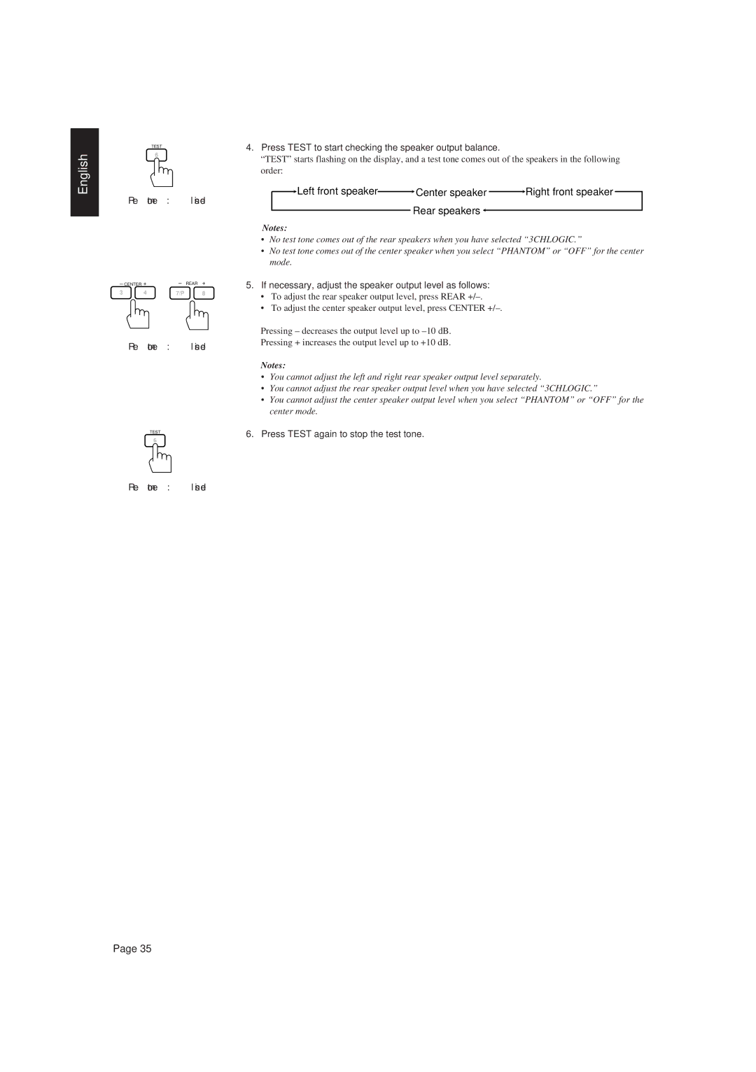 JVC RX-730R manual Press Test to start checking the speaker output balance, Press Test again to stop the test tone 