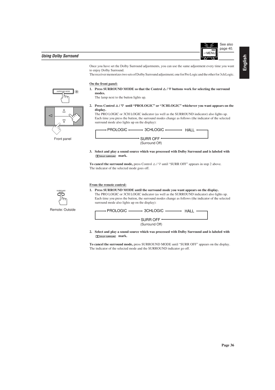 JVC RX-730R manual Using Dolby Surround 