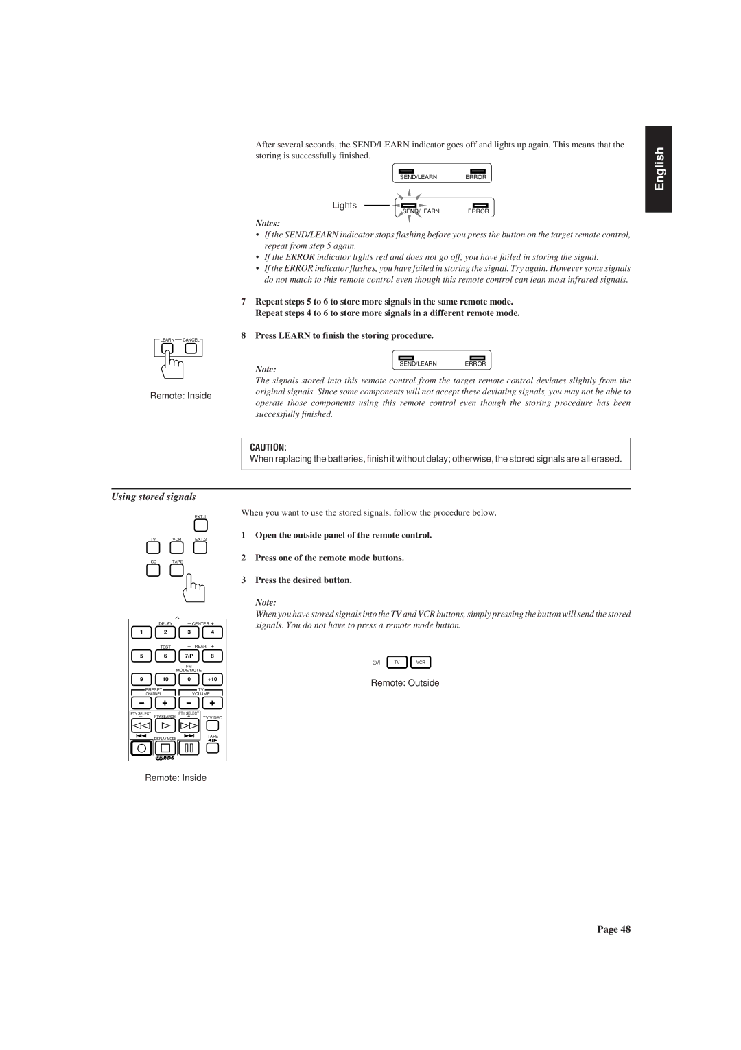 JVC RX-730R manual Using stored signals, Press Learn to finish the storing procedure 