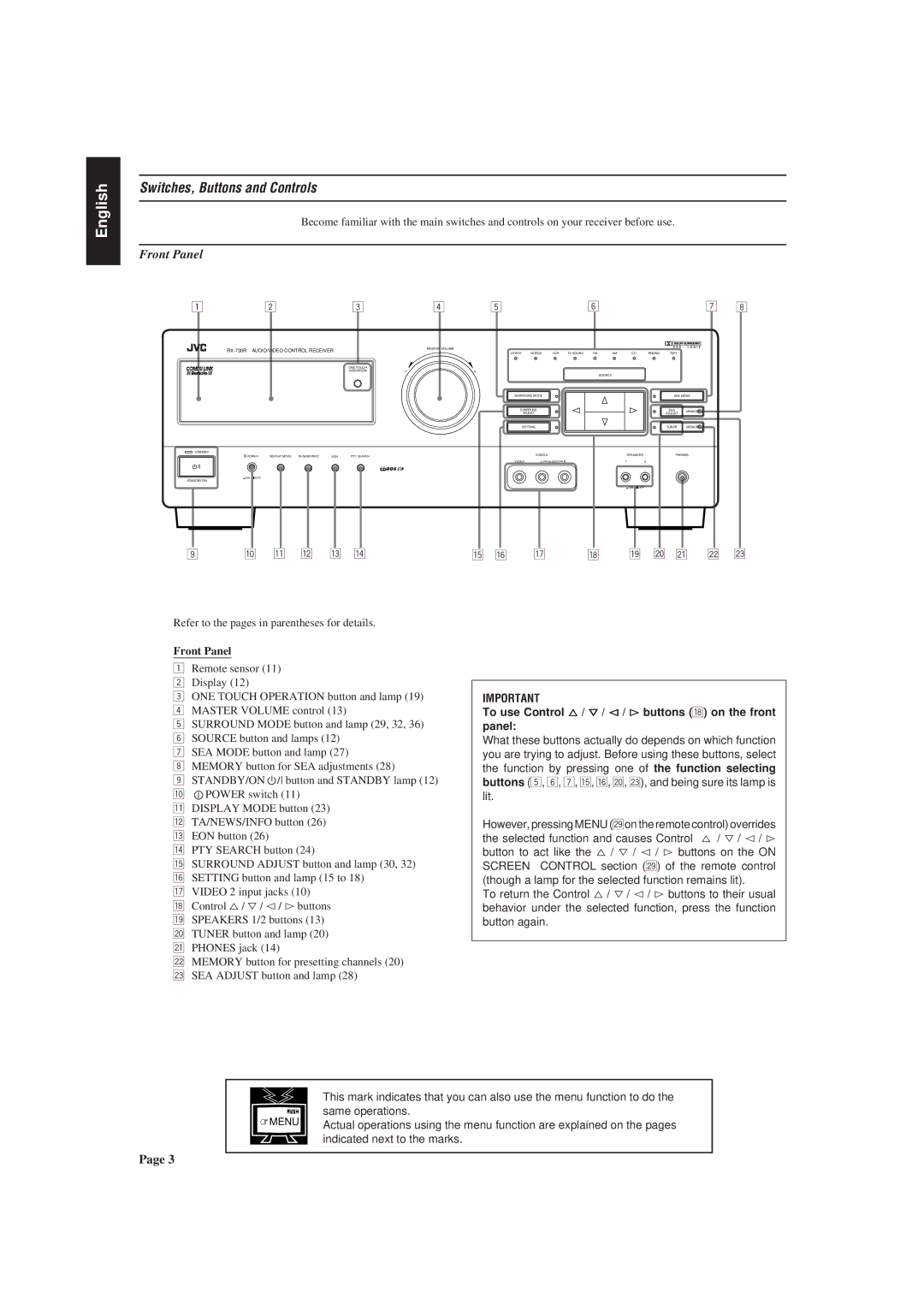 JVC RX-730R manual Switches, Buttons and Controls, Front Panel 