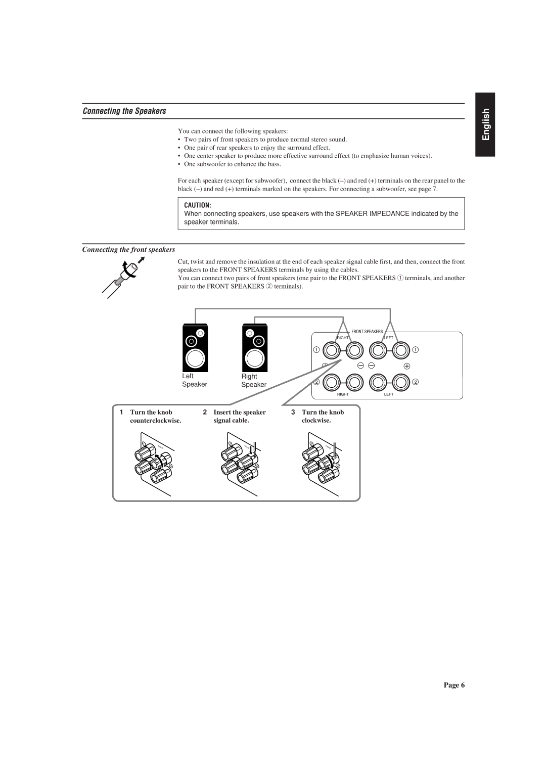 JVC RX-730RBK manual Connecting the Speakers, Connecting the front speakers 