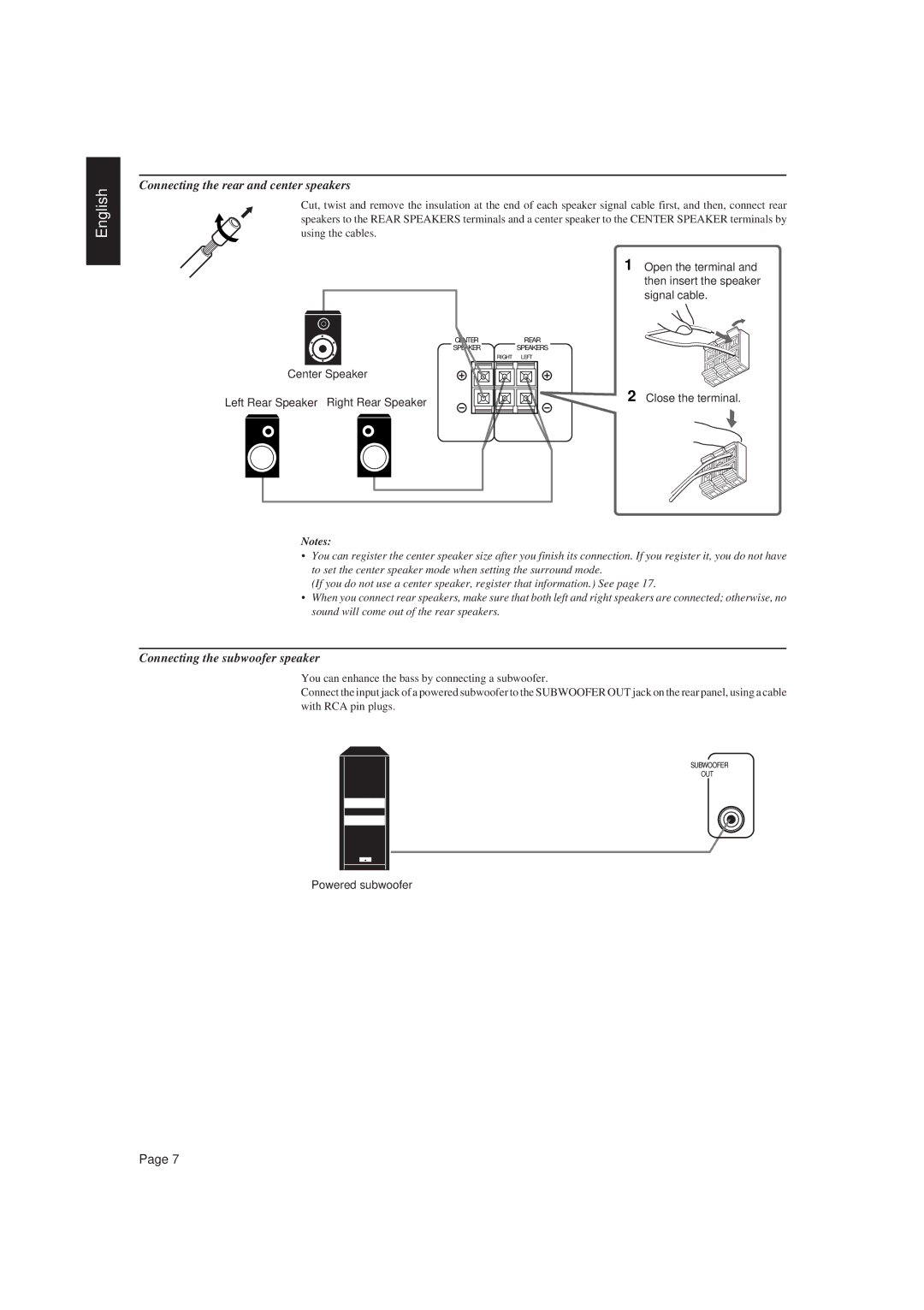 JVC RX-730RBK manual Connecting the rear and center speakers, Connecting the subwoofer speaker, Open the terminal 