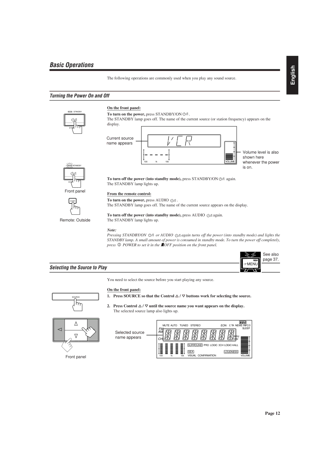 JVC RX-730RBK manual Basic Operations, Turning the Power On and Off, Selecting the Source to Play 