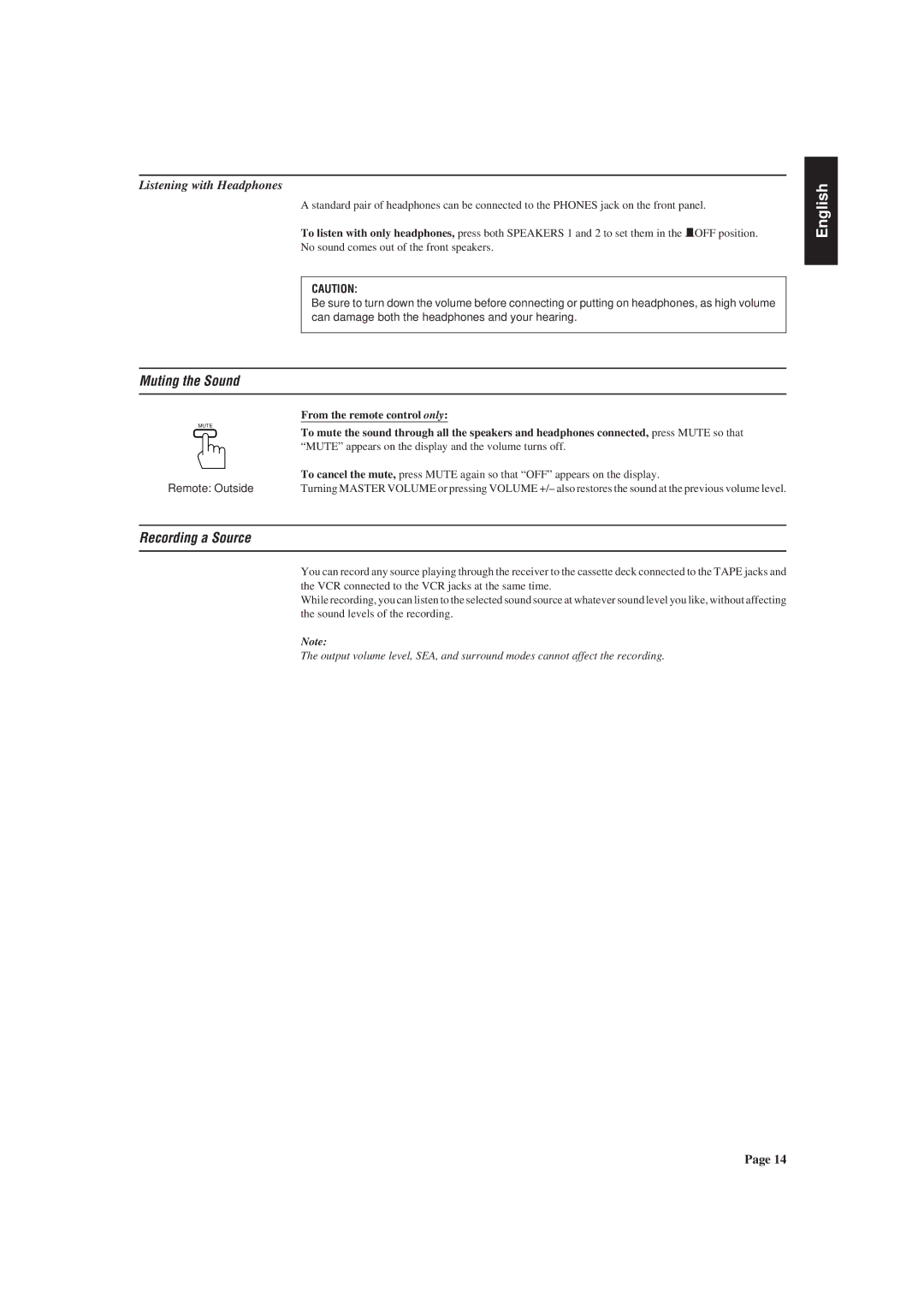 JVC RX-730RBK manual Muting the Sound, Recording a Source, Listening with Headphones, From the remote control only 