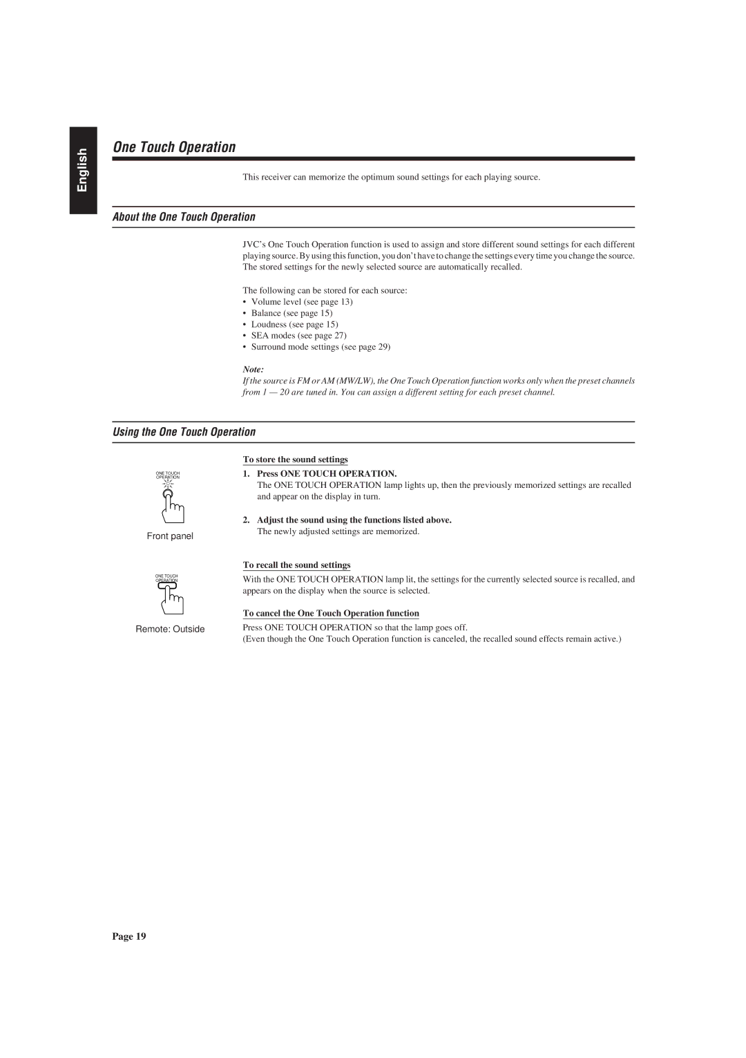 JVC RX-730RBK About the One Touch Operation, Using the One Touch Operation, To cancel the One Touch Operation function 