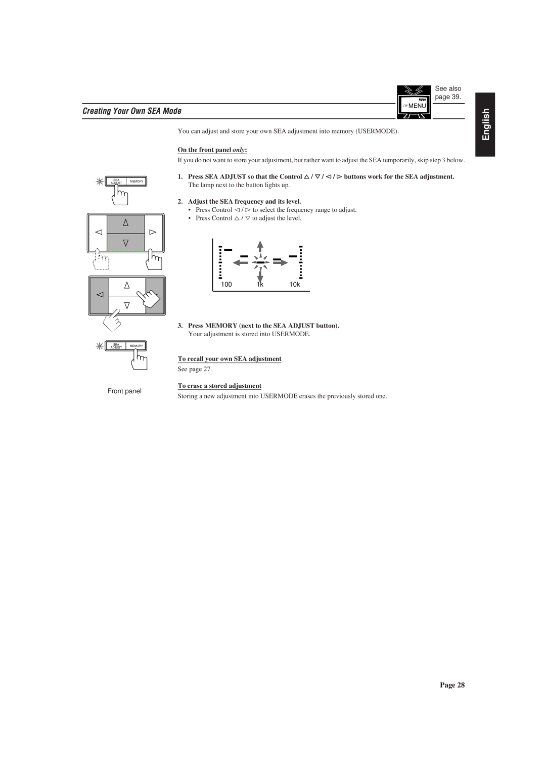 JVC RX-730RBK manual Creating Your Own SEA Mode, Adjust the SEA frequency and its level, To recall your own SEA adjustment 