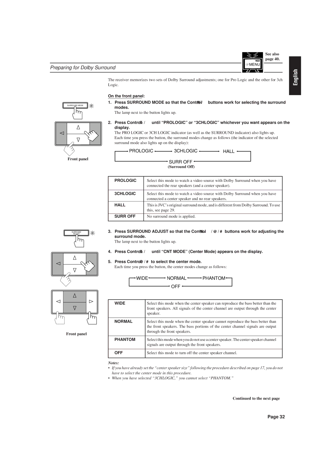 JVC RX-730RBK manual Preparing for Dolby Surround, Wide Normal Phantom 