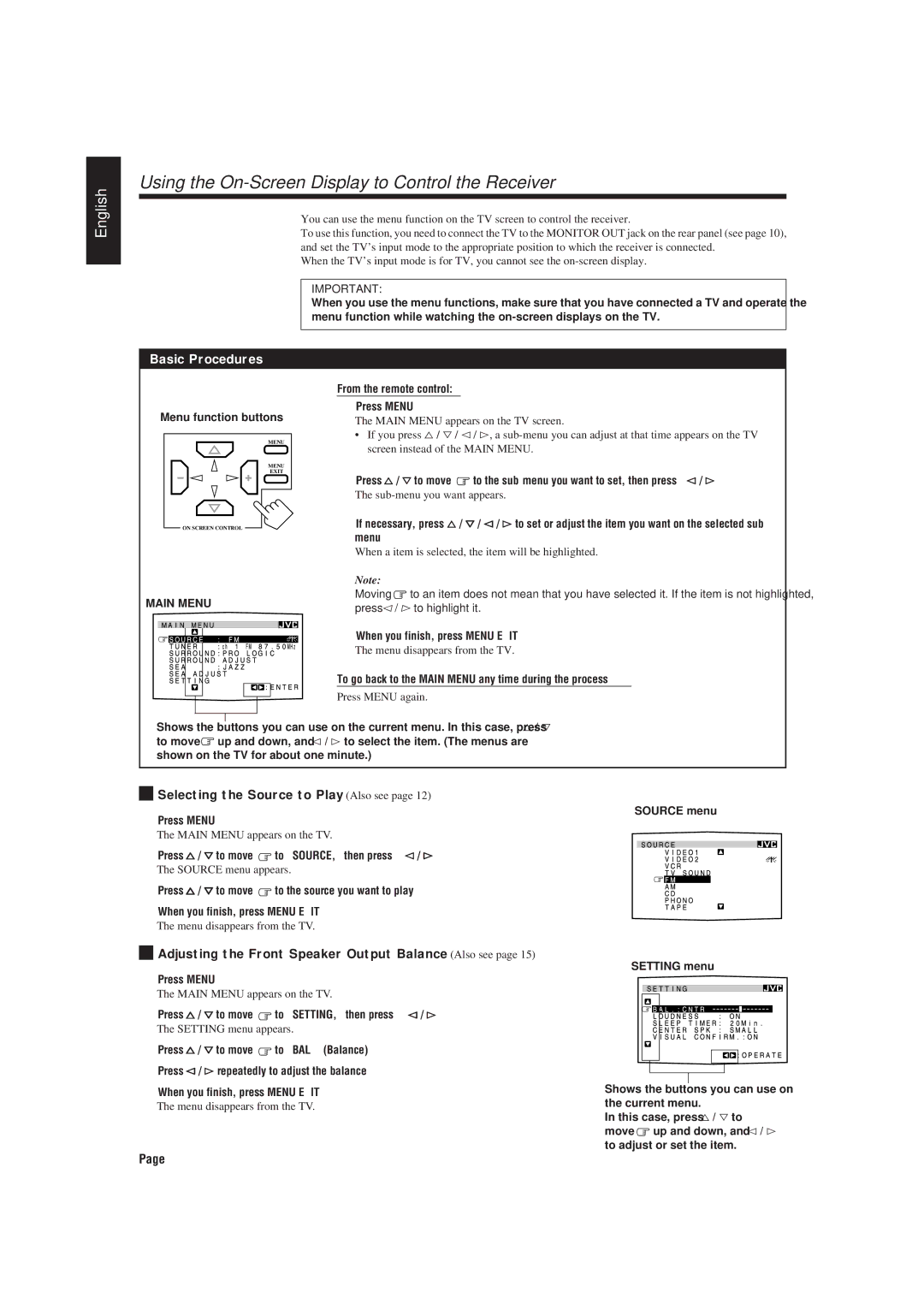 JVC RX-730RBK manual Using the On-Screen Display to Control the Receiver, From the remote control Press Menu 