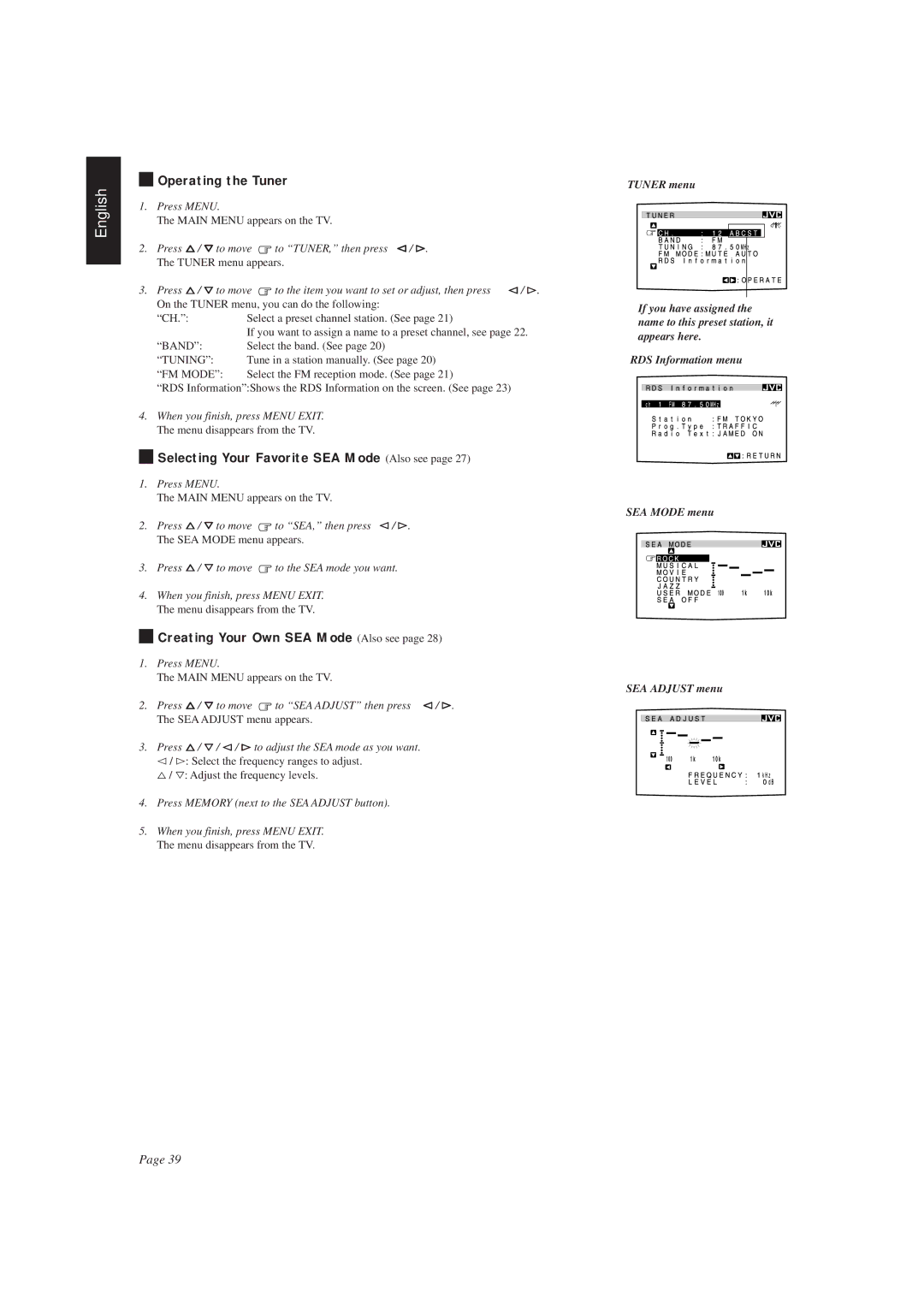 JVC RX-730RBK manual Press %/ Þto move to TUNER, then press @ / #, Press %/ Þto move to SEA, then press @ / # 