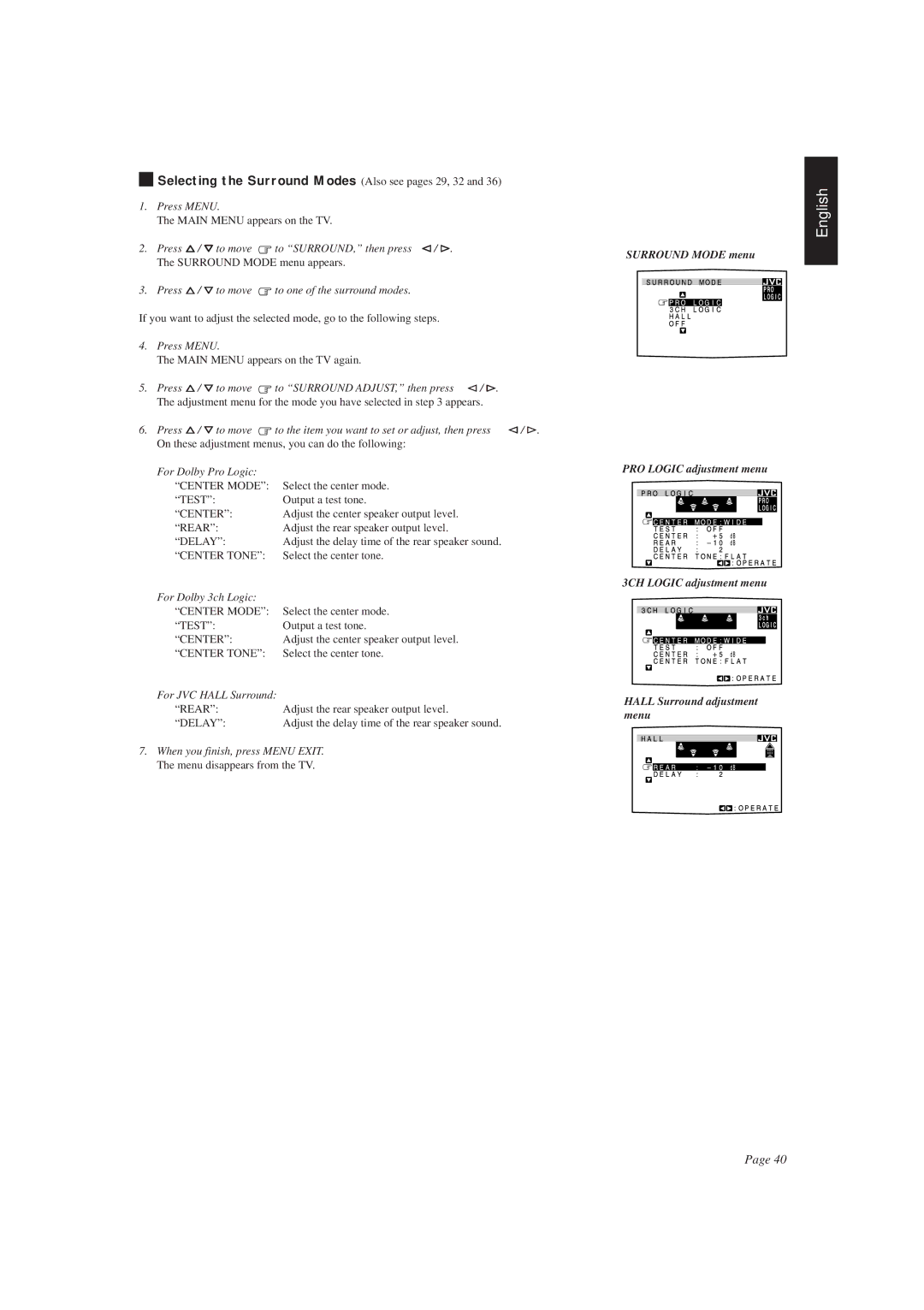 JVC RX-730RBK manual Press %/ Þto move To SURROUND, then press @/ #, Press %/ Þto move to one of the surround modes 