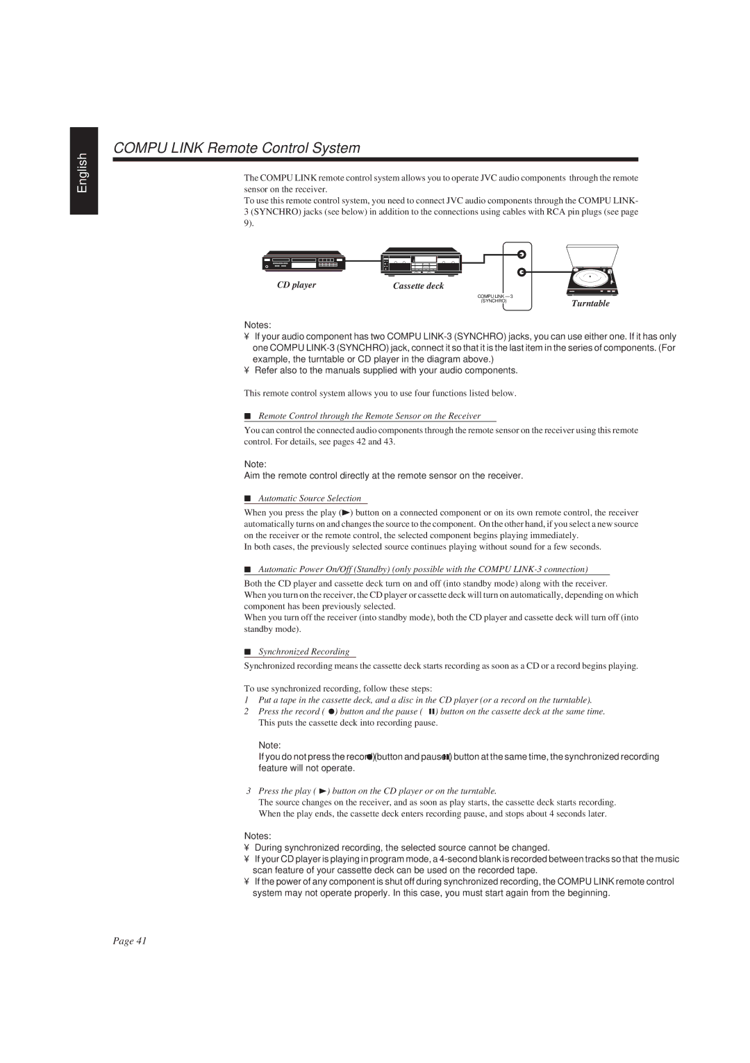 JVC RX-730RBK manual Compu Link Remote Control System, Remote Control through the Remote Sensor on the Receiver 