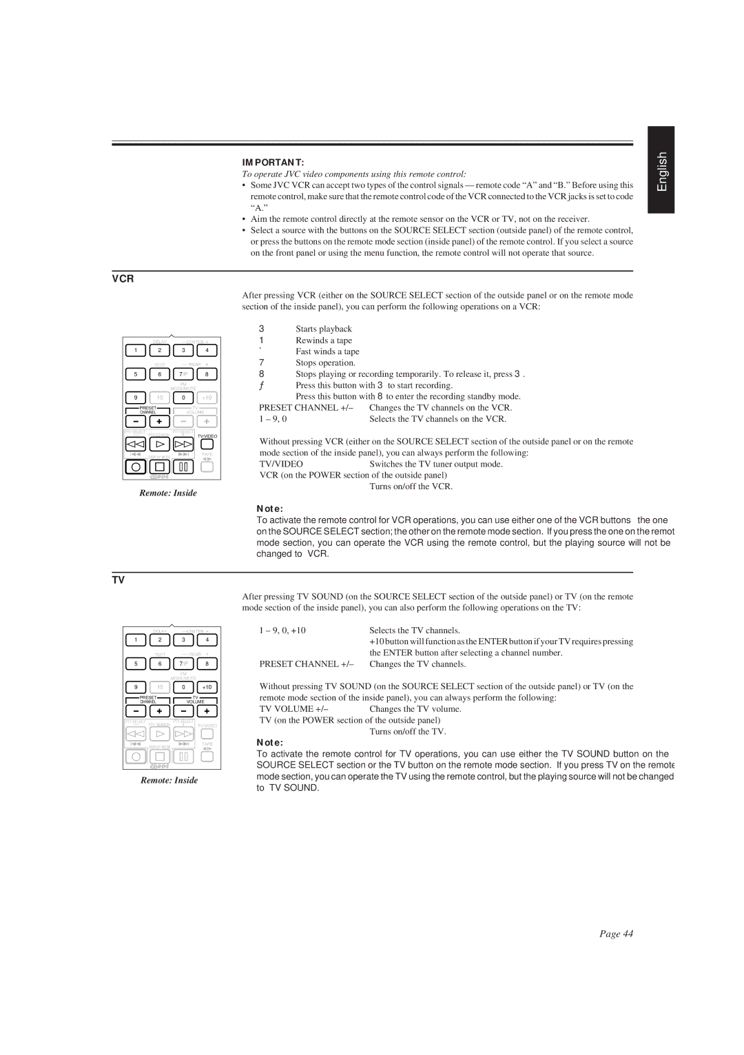 JVC RX-730RBK To operate JVC video components using this remote control, 0, +10 Selects the TV channels, Preset Channel + 