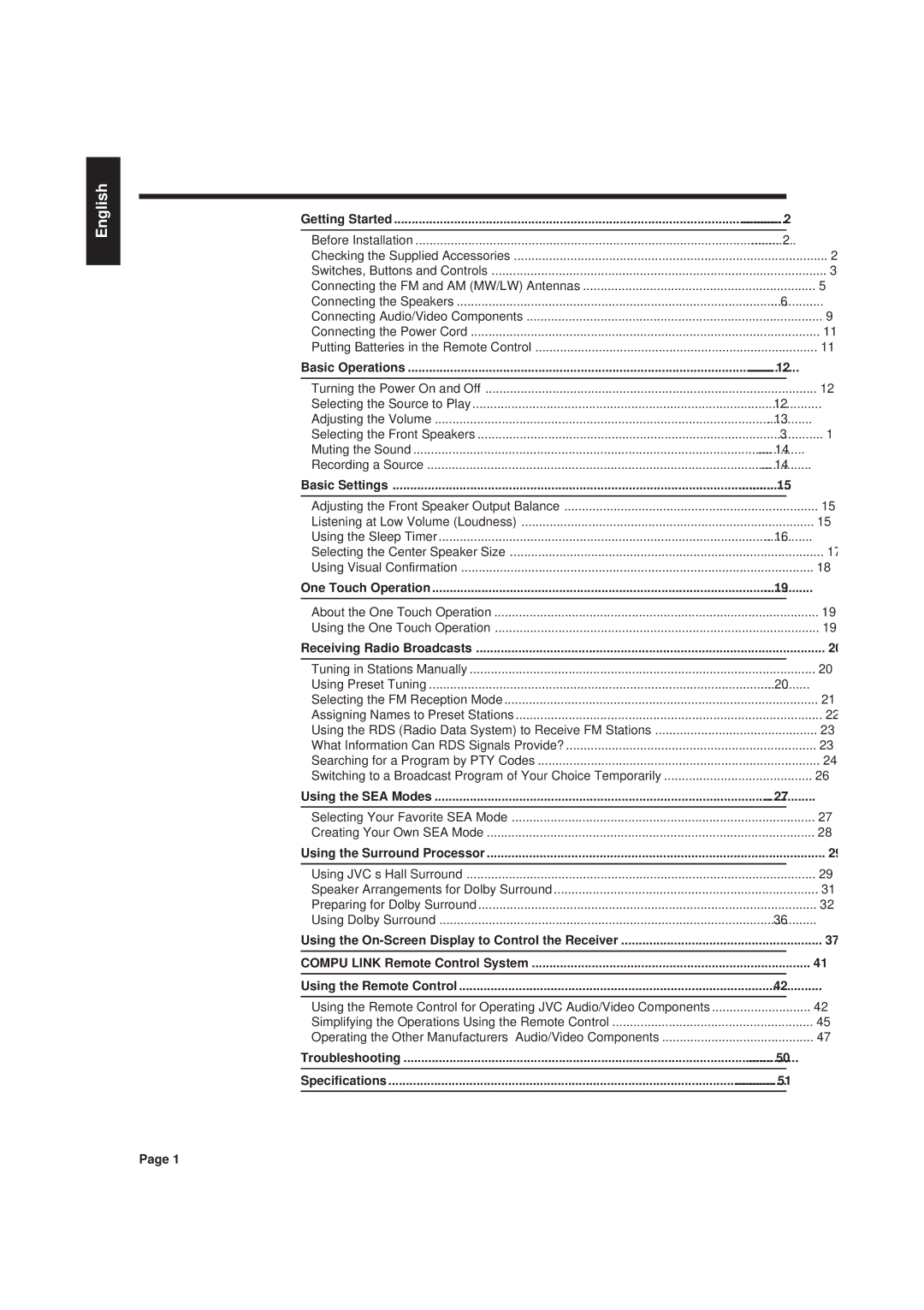 JVC RX-730RBK manual Table of Contents 