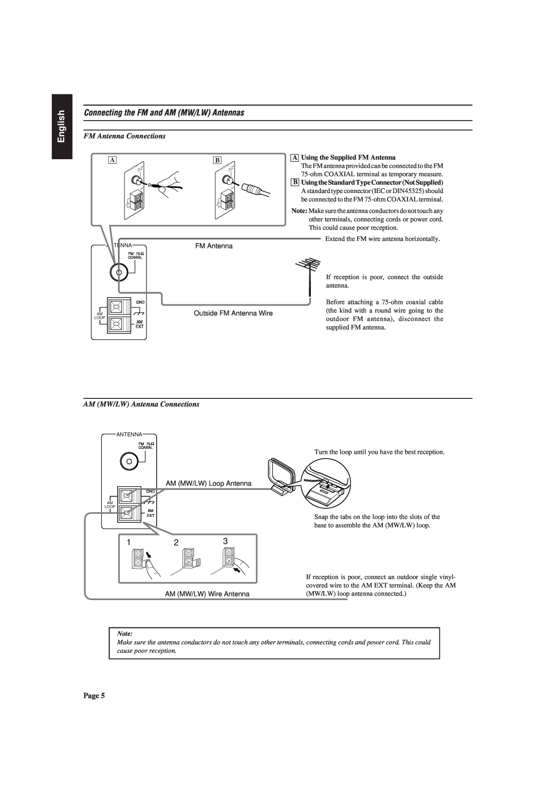 JVC RX-730RBK manual Connecting the FM and AM MW/LW Antennas, FM Antenna Connections, AM MW/LW Antenna Connections, English 