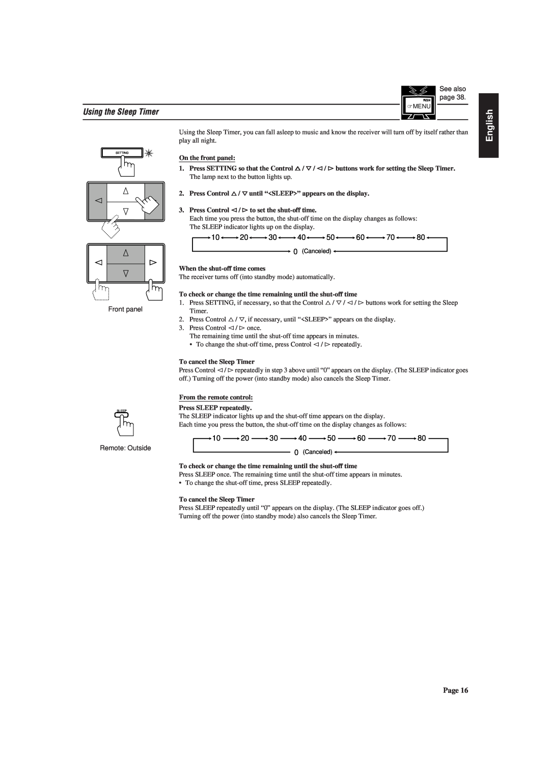 JVC RX-730RBK manual Using the Sleep Timer, 10 20 30 40 50, English 