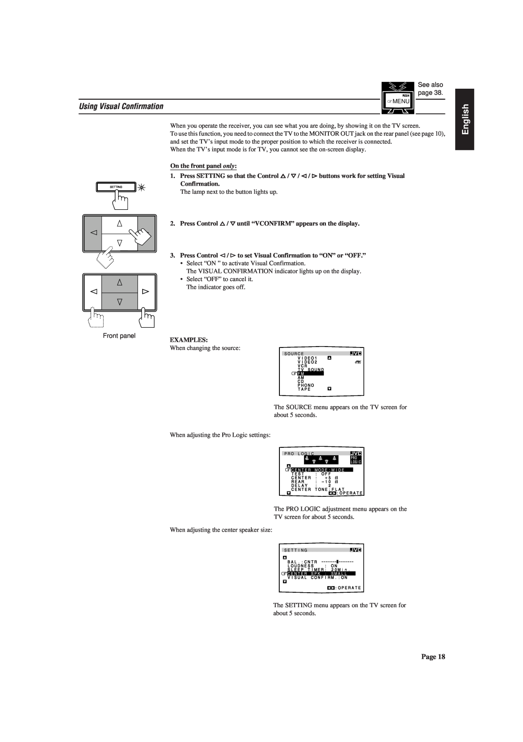 JVC RX-730RBK manual Using Visual Confirmation, English 