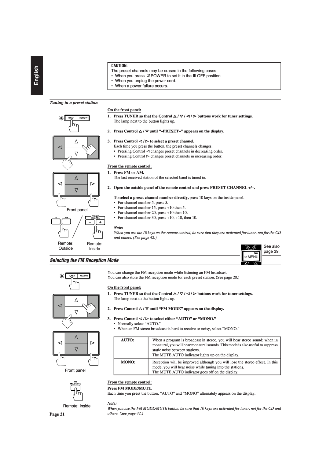 JVC RX-730RBK manual Selecting the FM Reception Mode, Tuning in a preset station, English 
