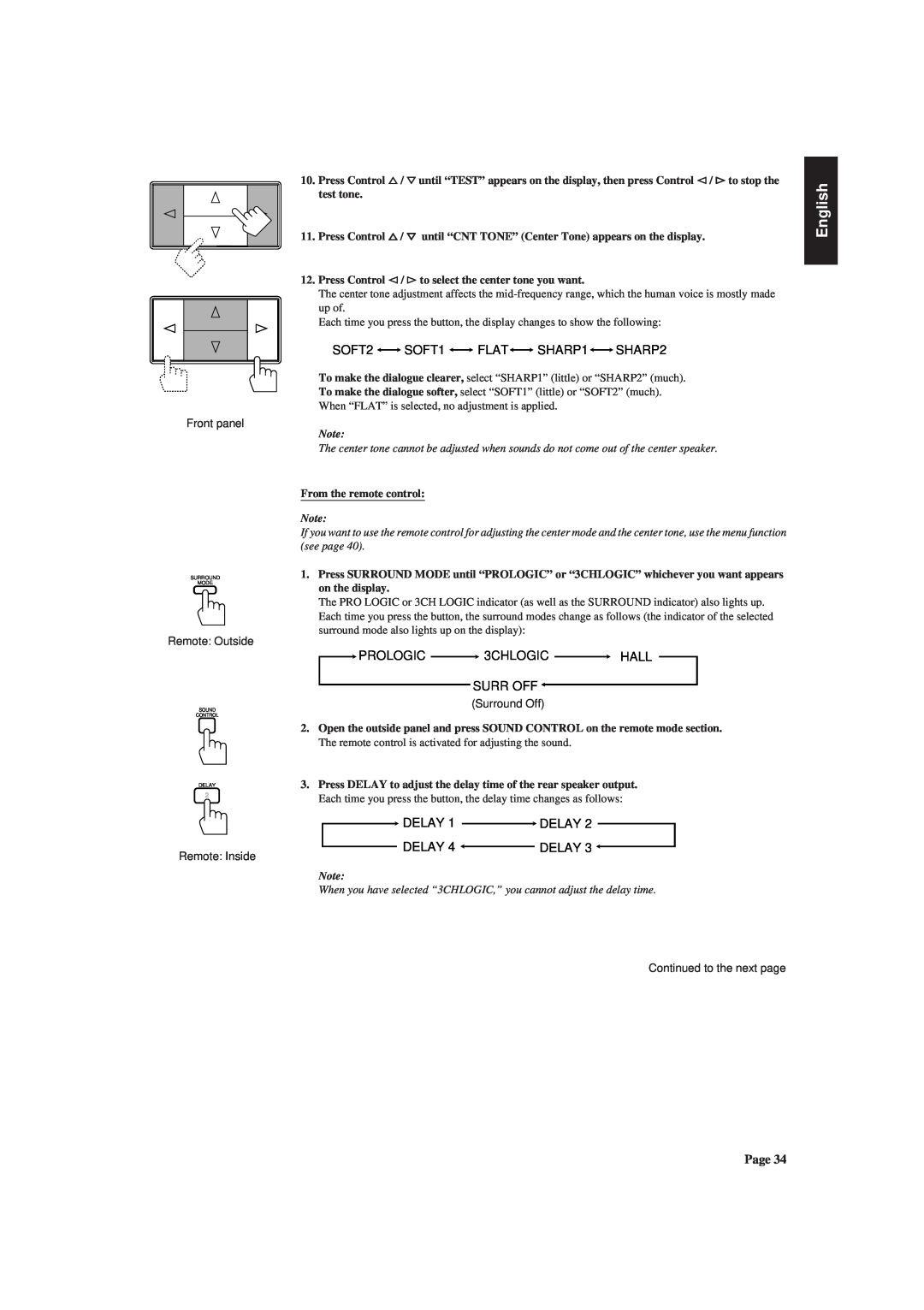 JVC RX-730RBK manual SOFT2 SOFT1 FLATSHARP1SHARP2, English, PROLOGIC 3CHLOGIC HALL SURR OFF, DELAY 1 DELAY DELAY 4 DELAY 